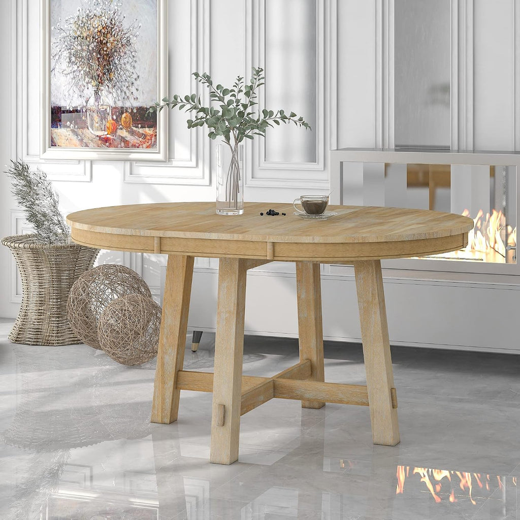 LUMISOL 42'-58' Extendable Round Dining Table for 4-8, Farmhouse Kitchen Table with Removable Leaf, Solid Wood Oval Dinner Tables for Kitchen, Dining Room, Living Room, Natural