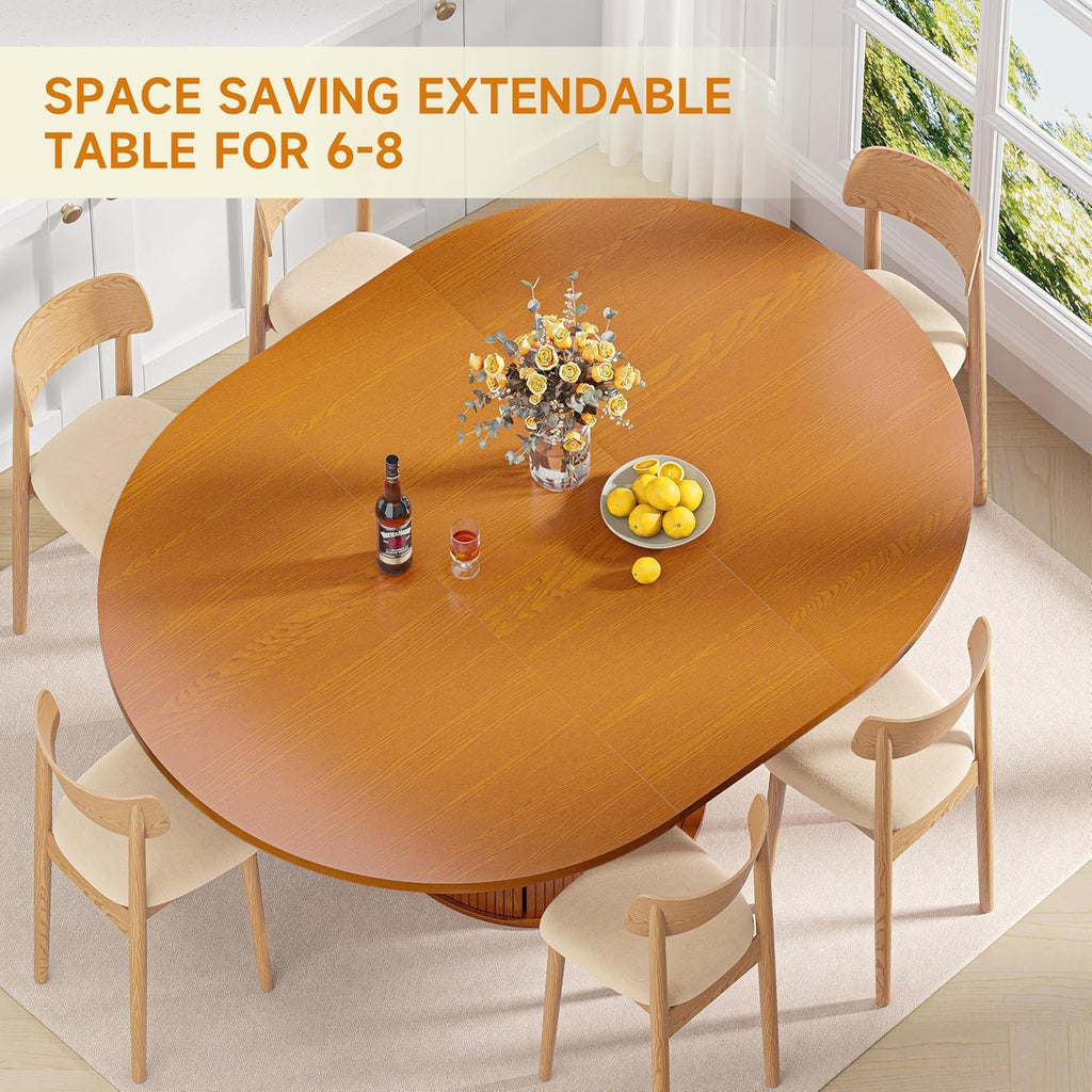 Extendable Round Dining Table: 47″–63″ Kitchen Table for 4 6 8 with Dust-Proof 2-Tier Storage Shelf Space Saving, Modern Farmhouse Expandable Wood Oval Circle Dinner Furniture with Pedestal Base