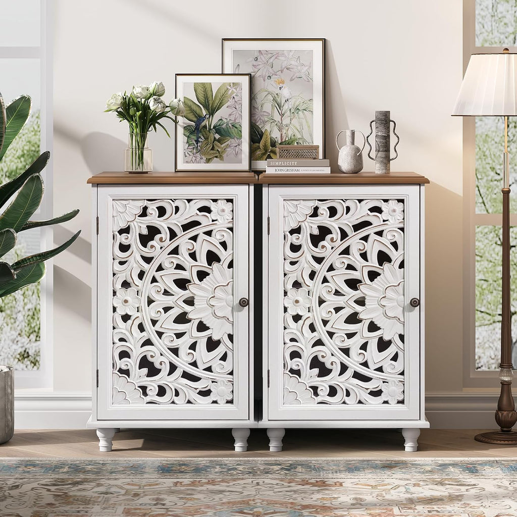 JOINICE Small Accent Cabinet with Carved Mandala Door, Boho Distressed End Table for Living Room, Bedroom, Entryway, White