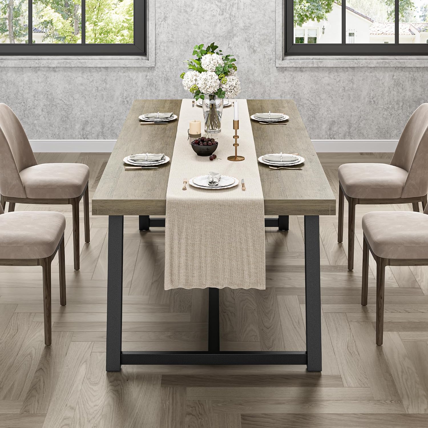 IRONCK 71' Dining Table for 6-8 People, Industrial Kitchen Table with Sturdy Metal Frame, Rectangular Grey Wood Dinner Table for Dining Room