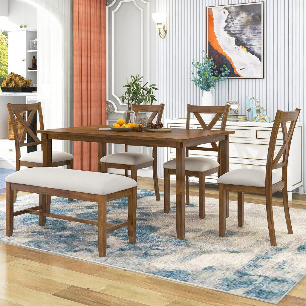 Harper & Bright Designs 6-Piece Dining Table Set, Dining Room Table Set with Wooden Rectangular Dining Table, 4 Dining Chair and Bench, Kitchen Dinette Set for 6 People (Natural Cherry)