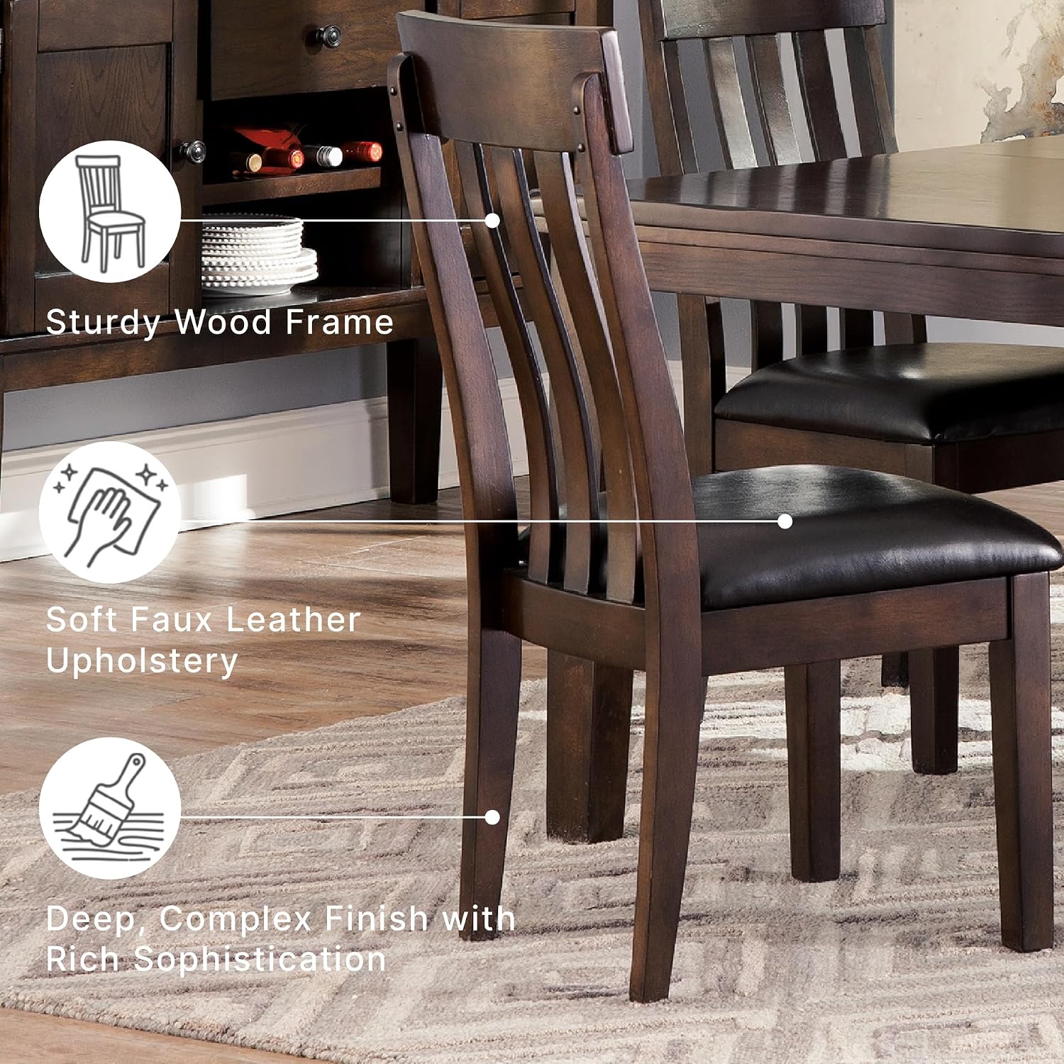 Signature Design by Ashley Haddigan Faux Leather Cushioned Rake Back Dining Chair, 2 Count, Dark Brown