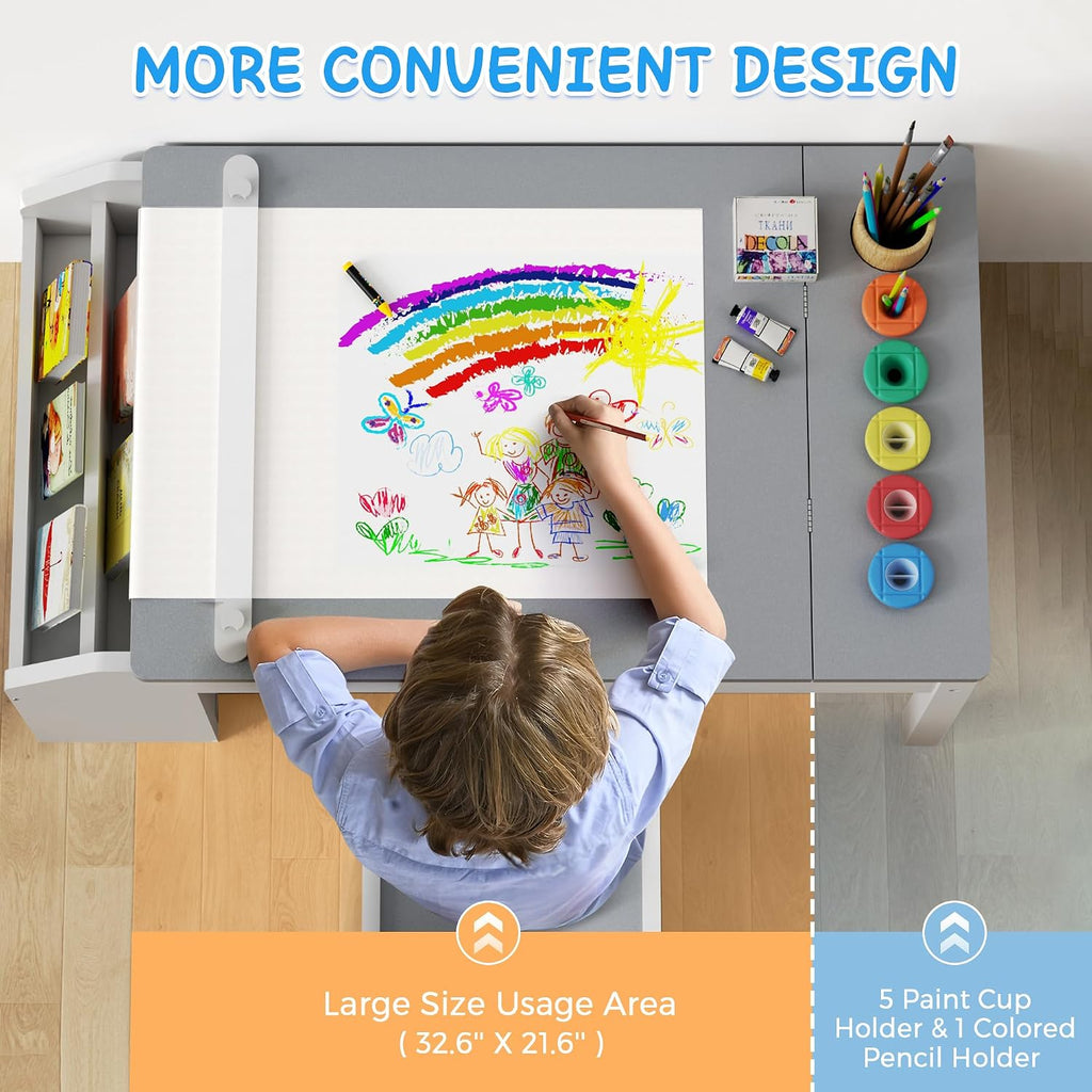 5-in-1 Kids Art Table and Chairs, Toddler Table and Chair Set, Craft Play Desk for Kids, Convertible Art Easel with Paper Roll Holder & Storage Drawers, Children Activity Learning Center-Gray