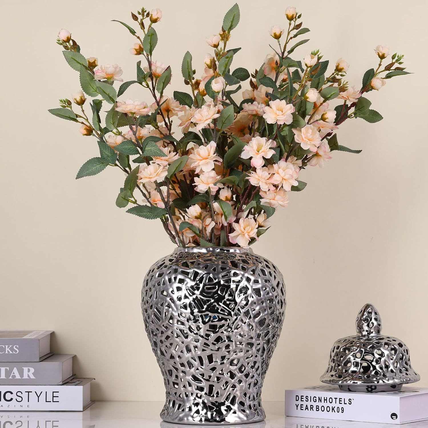 Pierced Ginger Jar Vase with Lid - 15.7' Tall Decorative Ceramic Jar for Home Decor, Centerpiece for Living Room, Dining Room, Entryway, or Office, Large Vase for Flowers (Silver)