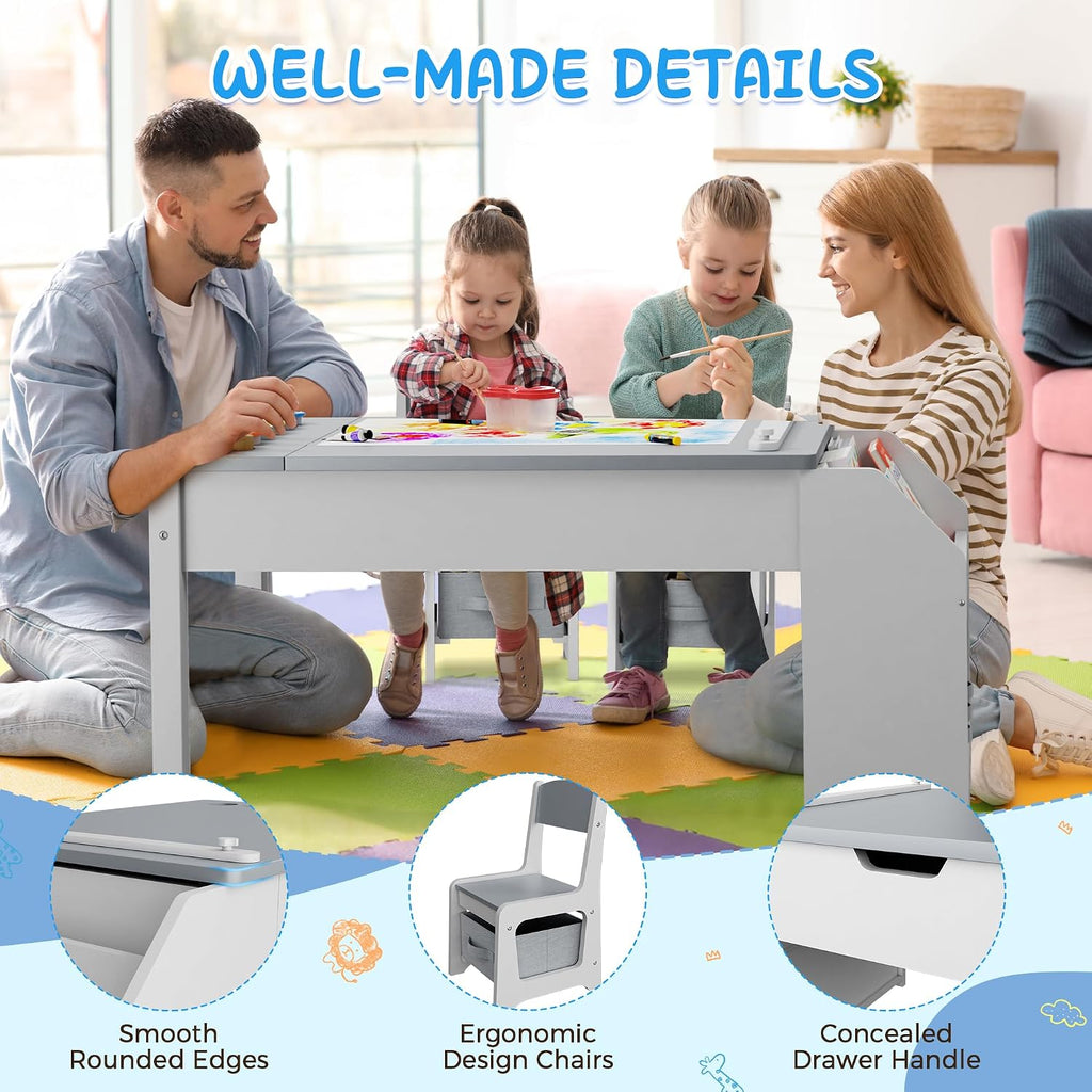 5-in-1 Kids Art Table and Chairs, Toddler Table and Chair Set, Craft Play Desk for Kids, Convertible Art Easel with Paper Roll Holder & Storage Drawers, Children Activity Learning Center-Gray