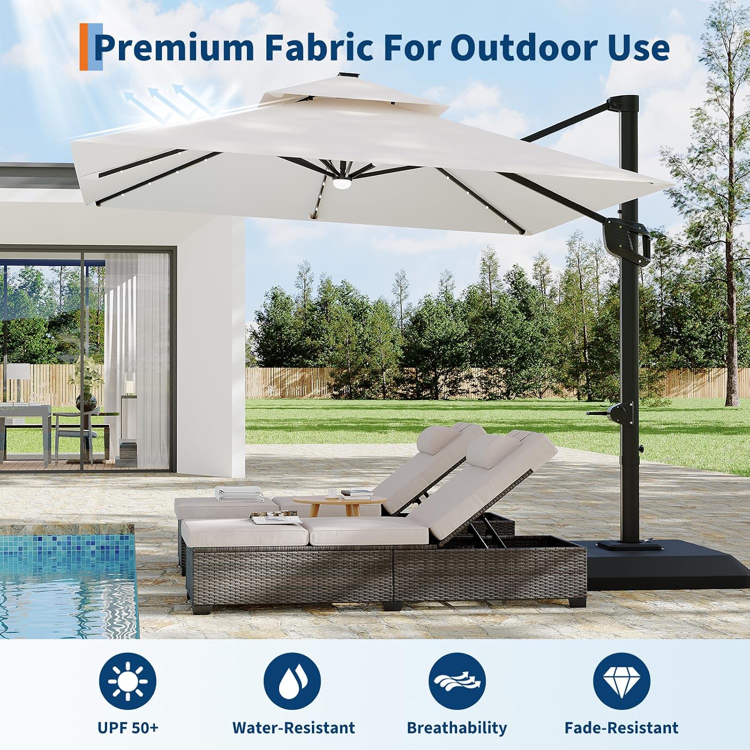 Garvee 10 ft Cantilever Patio Umbrella with Solar Lights, 360° Rotation Offset Umbrella, Easy Crank & Tilt Adjustment, UV Protection for Backyard, Poolside, Deck -Beige