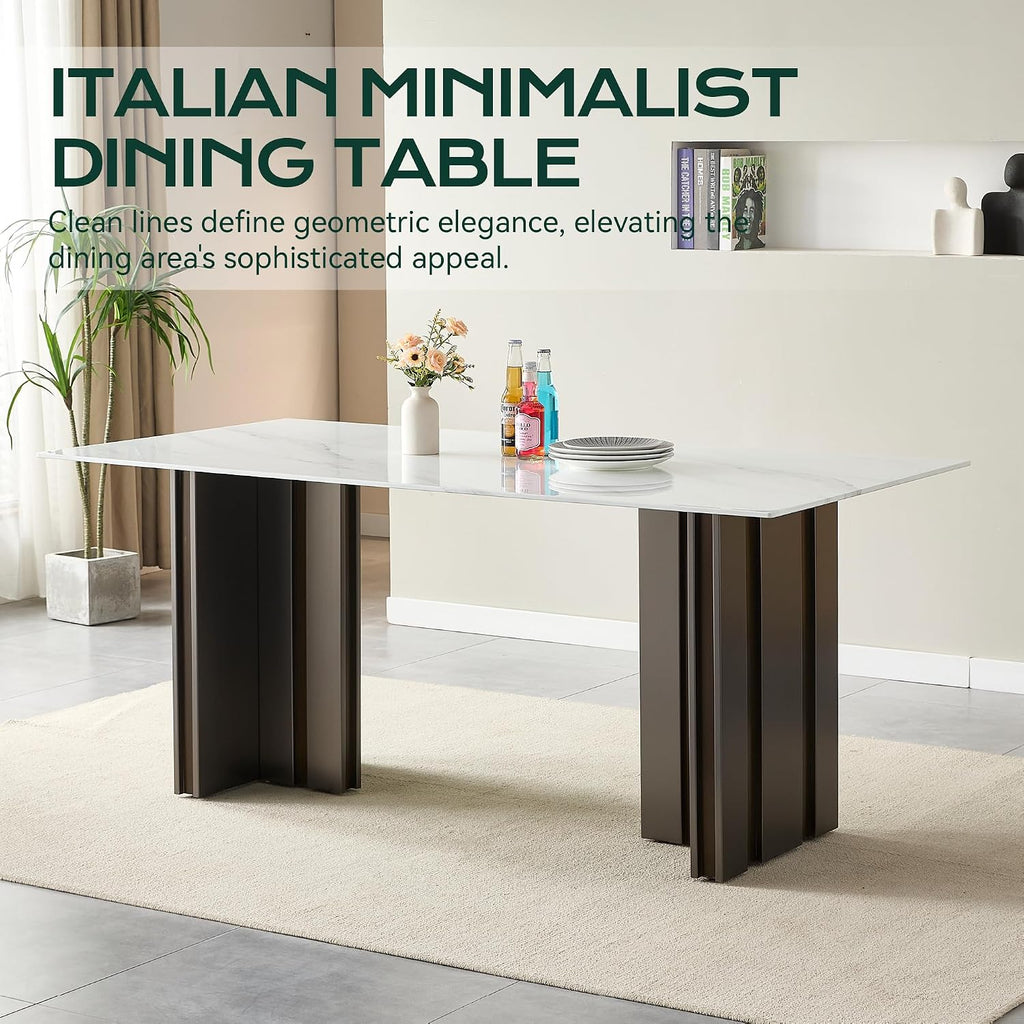70 inch Faux Marble Dining Table for 4 to 6, Modern Dining Table with White Marble Texture Tabletop & Matte Brushed Stainless Steel Base, Rectangular Kitchen Dining Table for Dinner Party Gatherings