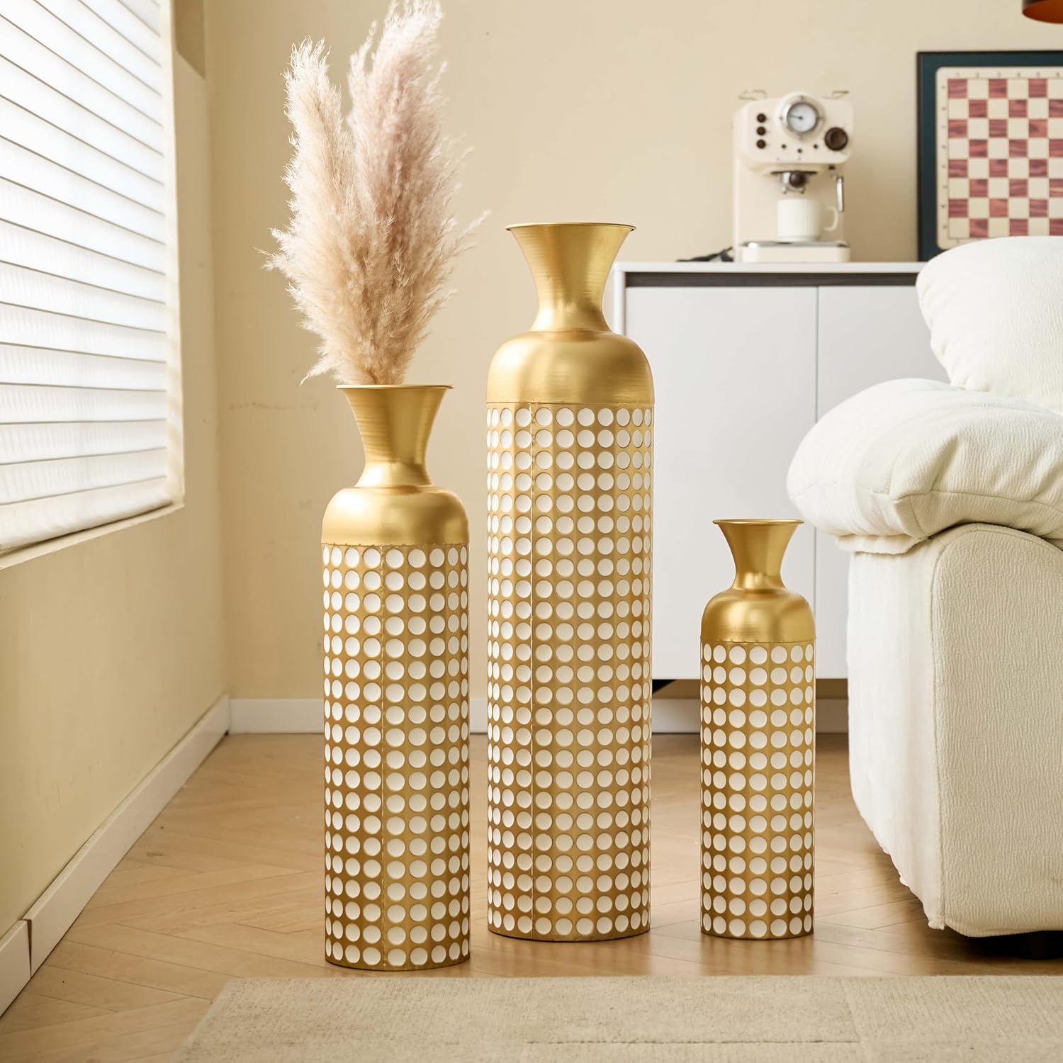 Set of 3 Metal Decorative Floor Vases – Tall Gold Modern Vase for Home Decor, Large Floor Vases for Living Room, Entryway & Office, Elegant Cylinder Vase for Wedding, Dried Flowers (Brass+White)
