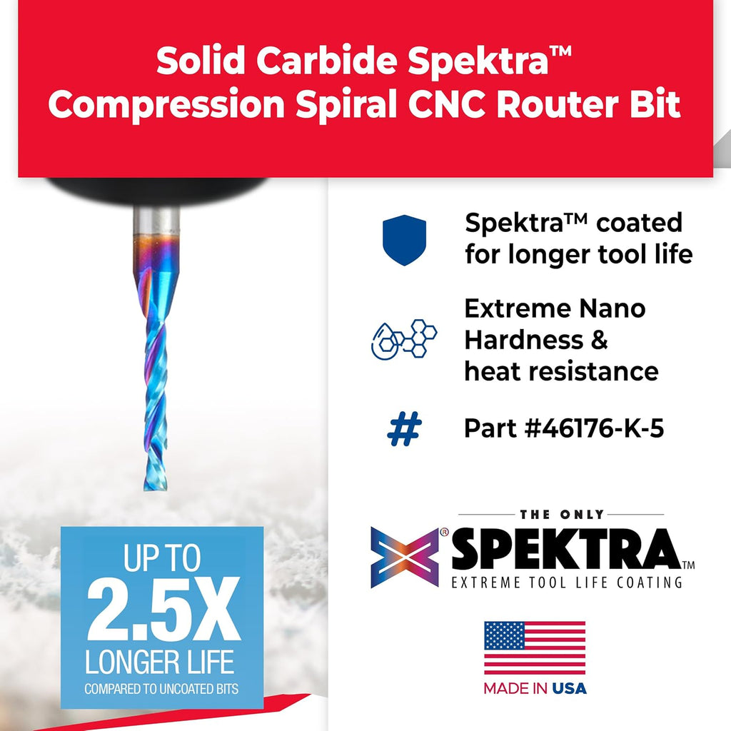 Amana Tool Spektra Extreme Tool Life Solid Carbide CNC Compression Spiral Router Bit, 46176-K-5 5-Pack, 1/8 D x 13/16 CH x 1/4 Shank x 2-1/2 Inch L