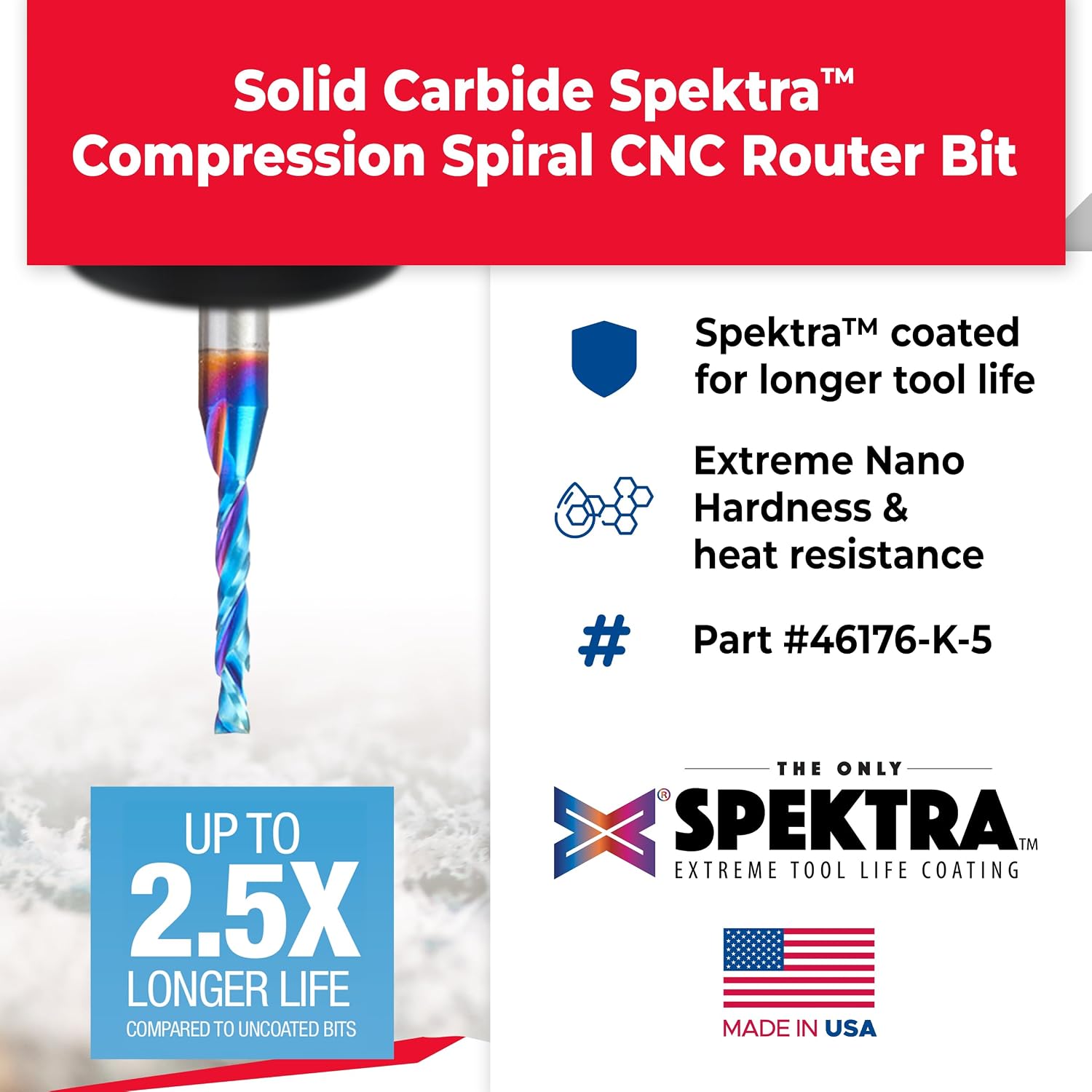 Amana Tool Spektra Extreme Tool Life Solid Carbide CNC Compression Spiral Router Bit, 46176-K-5 5-Pack, 1/8 D x 13/16 CH x 1/4 Shank x 2-1/2 Inch L