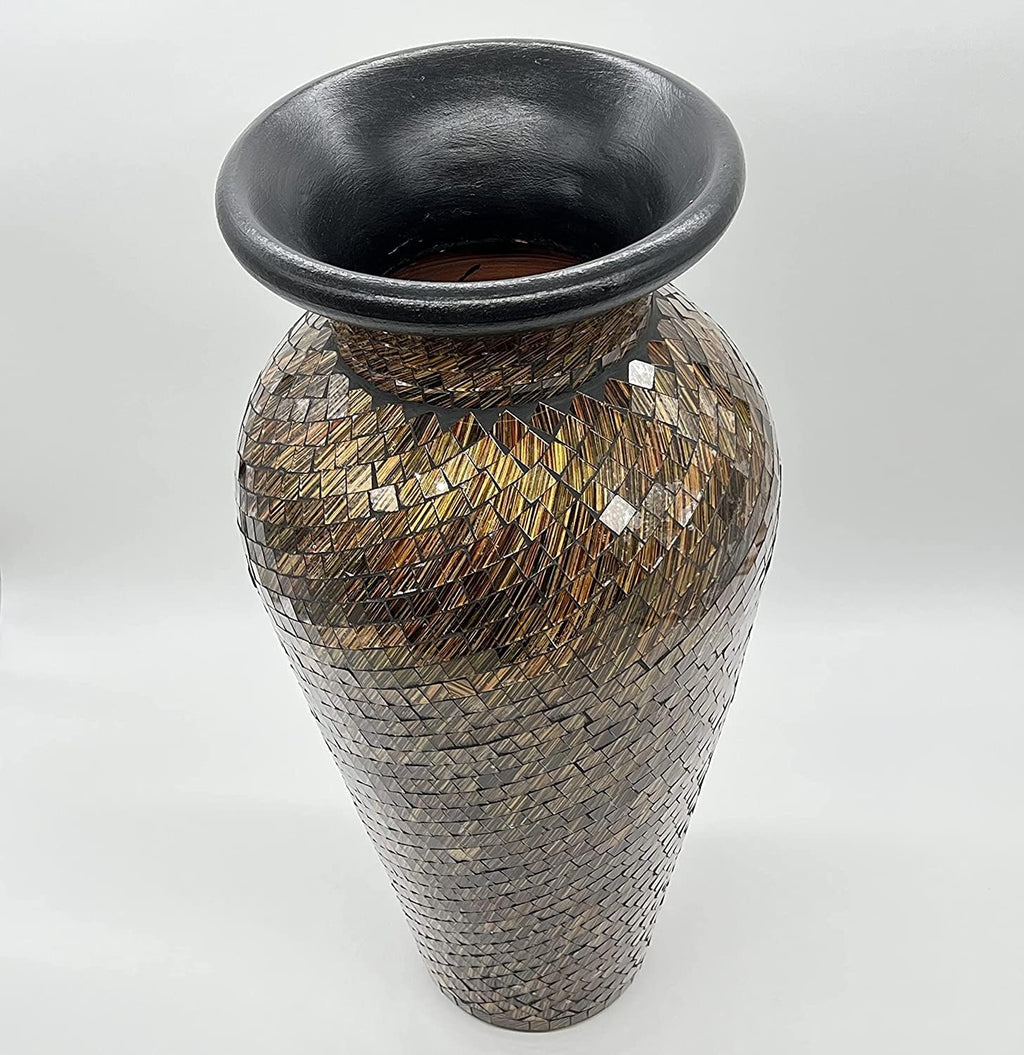 Floor Vase, 18 Inch Mosaic Vase – Tall Cylinder Made of Terracotta with Brown, Black, and Olive Green Glass Mosaic Pieces – Handcrafted Decorative Home Décor Accent Piece for Bedroom, Office