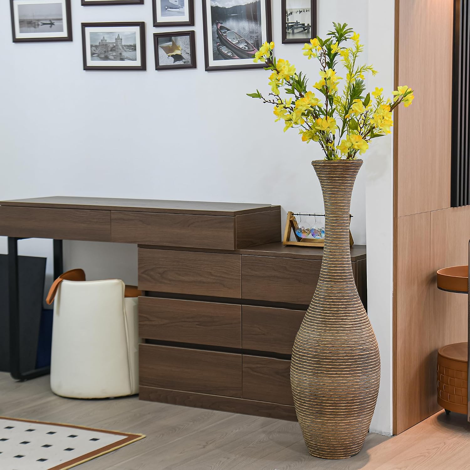 40' Tall Large Rattan Standing Floor Vase Modern Decorative Accent Flower Holder Floor Vase for Living Room Entryway Dining Room Stylish Home Décor Statement Piece (Beige+Grey)