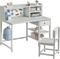 BOLUO Grey Kids Desk and Chair Set with Hutch and Storage Shelf for 6-12 Year Old, Children Study Desk, Student Writing Table with Fabric Drawer for Girls Boys