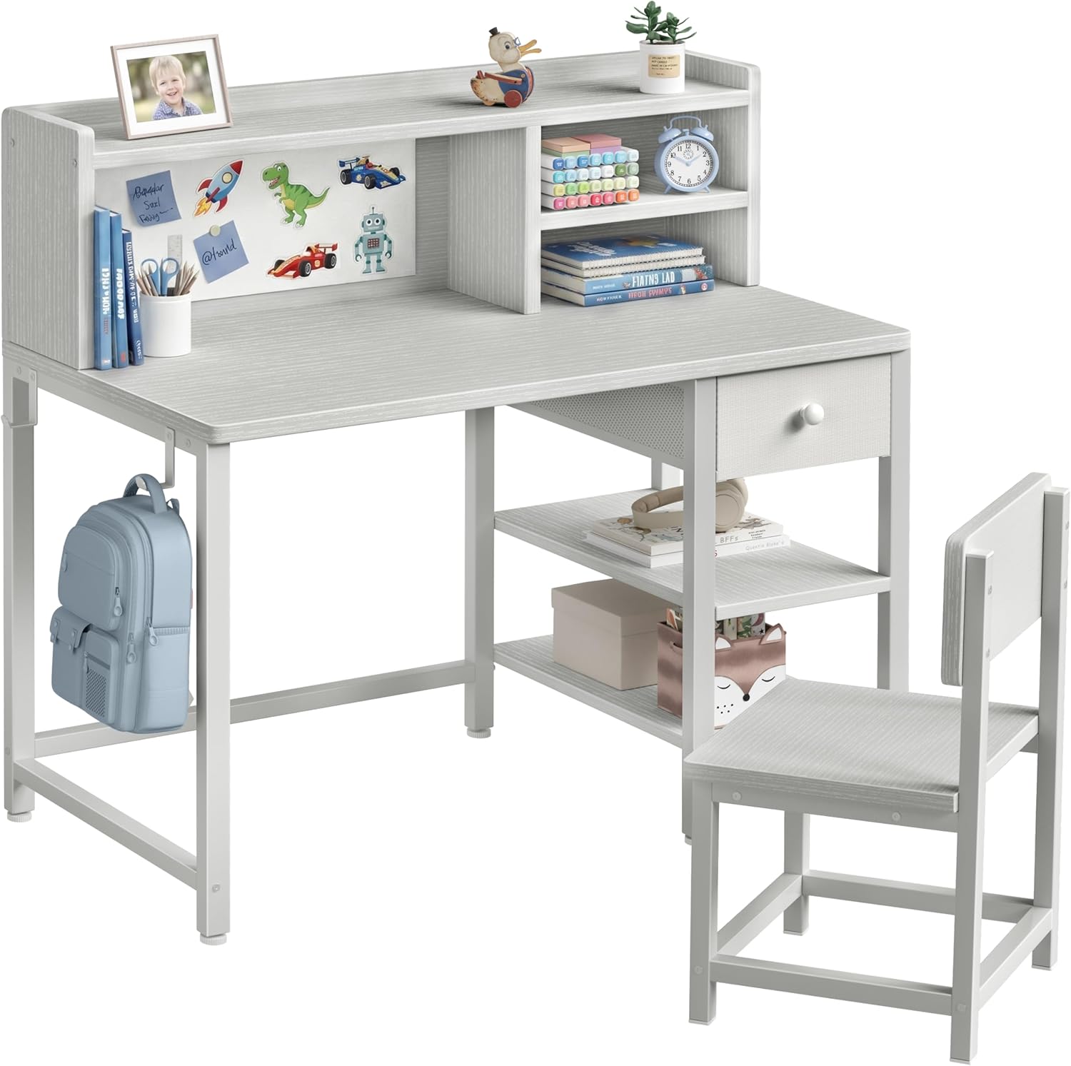 BOLUO Grey Kids Desk and Chair Set with Hutch and Storage Shelf for 6-12 Year Old, Children Study Desk, Student Writing Table with Fabric Drawer for Girls Boys