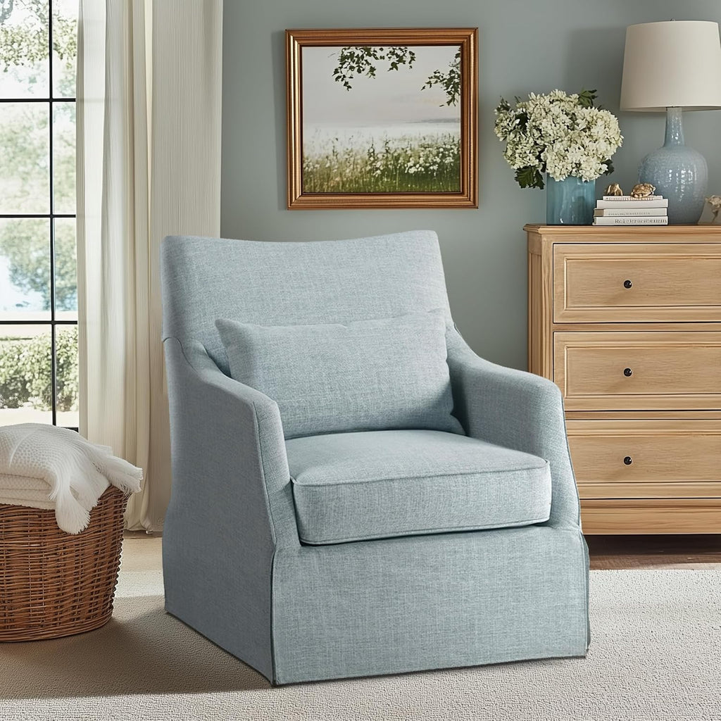 Martha Stewart London Swivel Chair - Solid Wood & Plywood, Skirted Metal Base Accent Armchair, Lumbar Pillow -Modern Classic Family Room Sofa Furniture Bedroom Lounge, 28'X31.5'X35.25', Light Blue