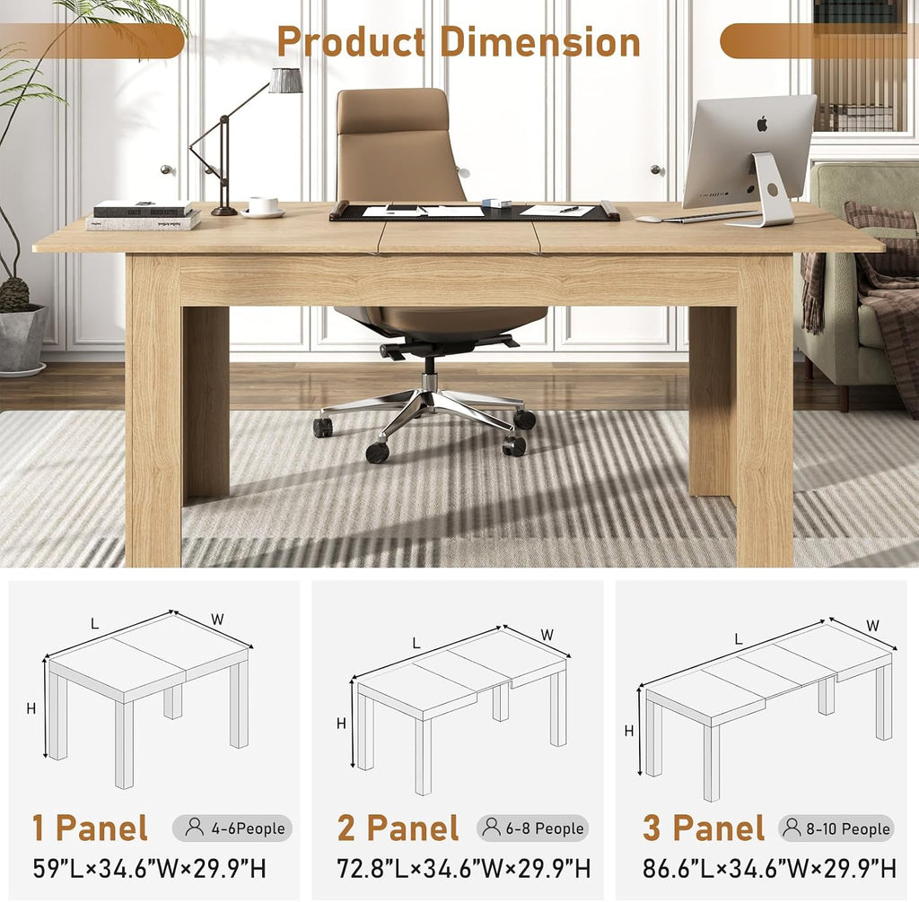 59'-86' Extendable Dining Table for 6-10 Person, Wooden Dining Room Table, Modern Extendable Table for Gatherings, Meeting for Small Kitchens, Dining Office Areas(Natural)