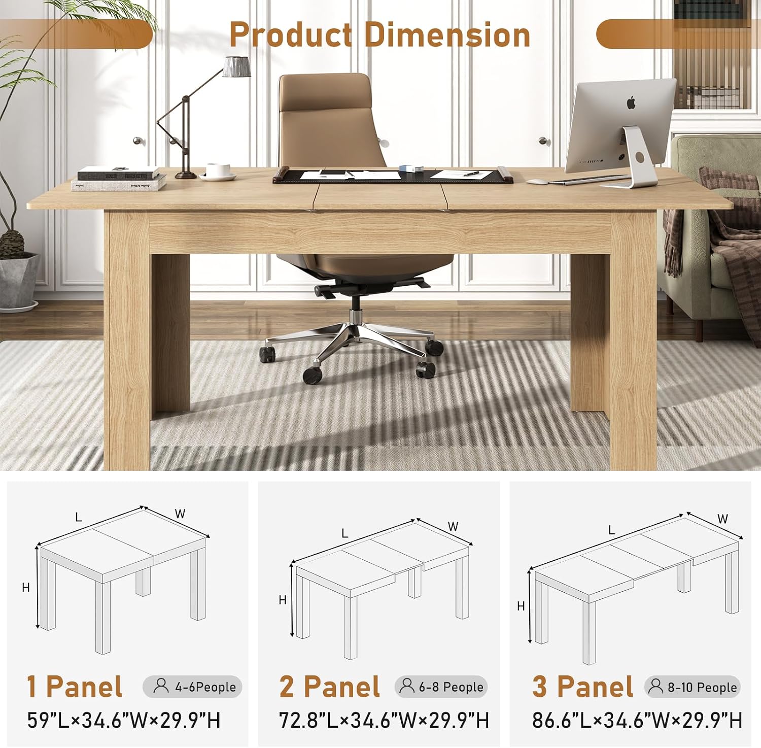 59'-86' Extendable Dining Table for 6-10 Person, Wooden Dining Room Table, Modern Extendable Table for Gatherings, Meeting for Small Kitchens, Dining Office Areas(Natural)