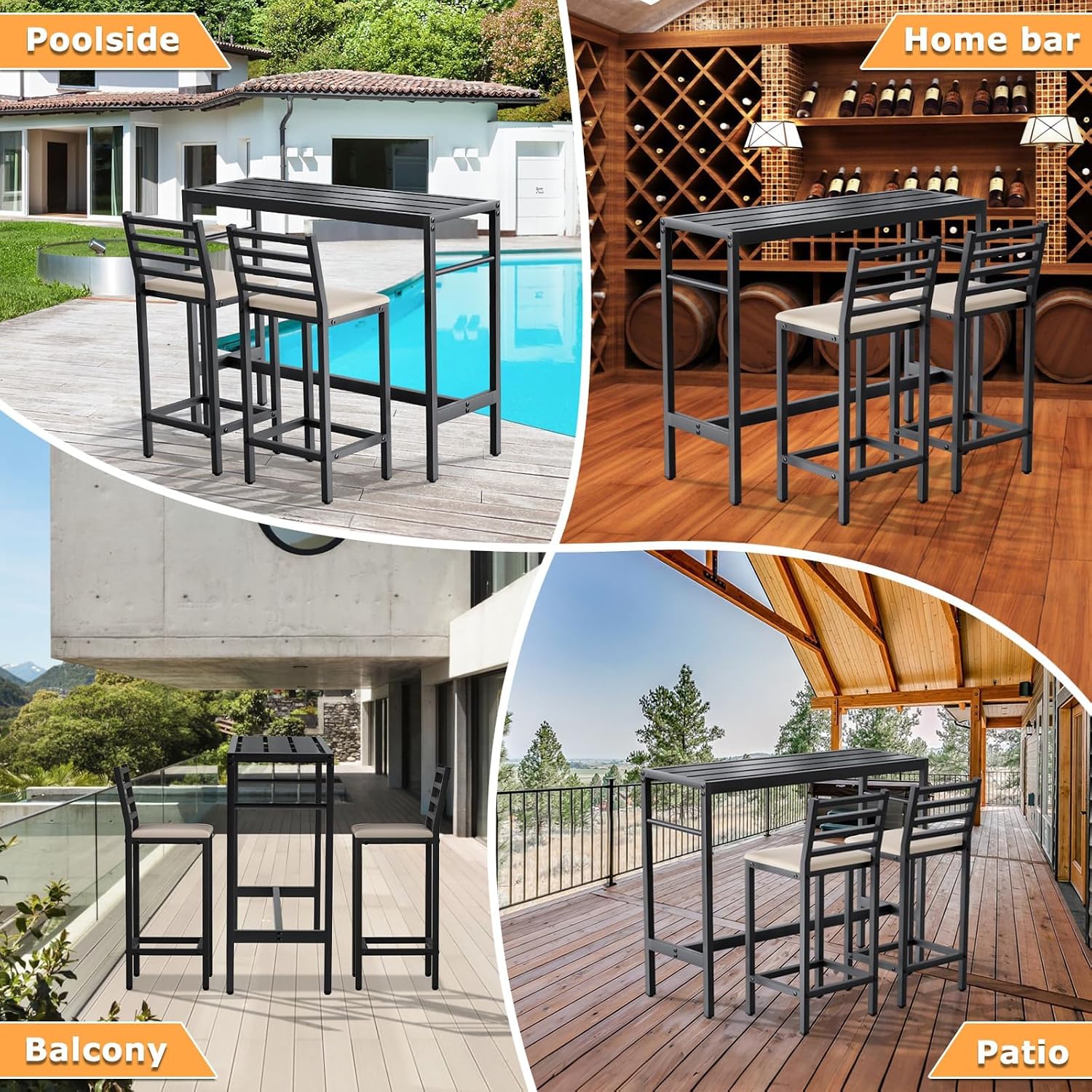 Outdoor Patio Bar Set 3 Piece,50' Rectangular Counter Height High Top Bar Tables, 2 Cushioned 41' Bar Stools, Metal Bar Table and Chairs Set for Poolside, Balcony, Backyard, Porch