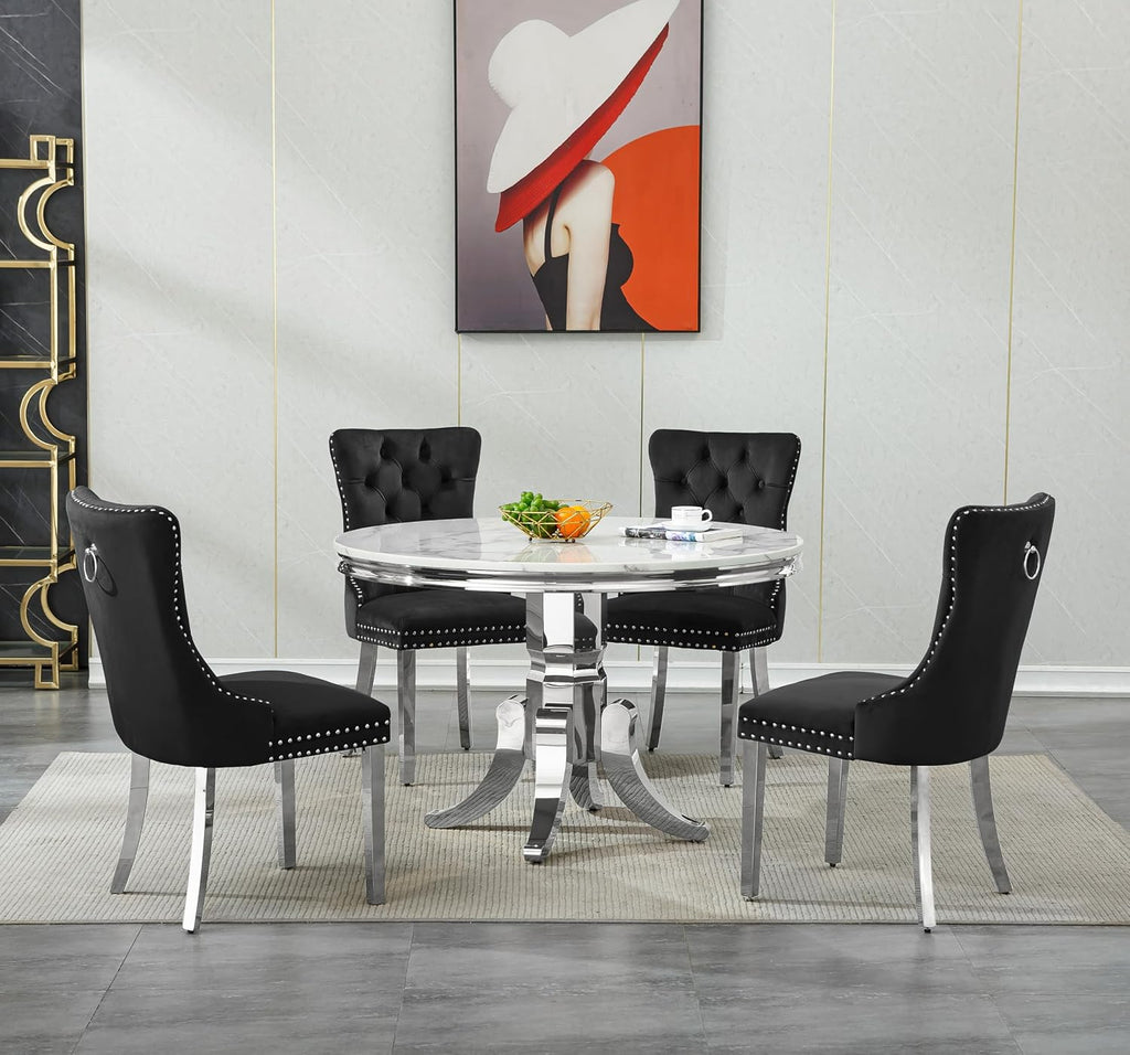 45 in Round Marble Dining Table for 4 to 6, Modern Circular White Faux Marble Kitchen Table with Silver Stainless Steel Leg, Round Kitchen Dining Room Table for Breakfast Dinette Dinner Dinning Room