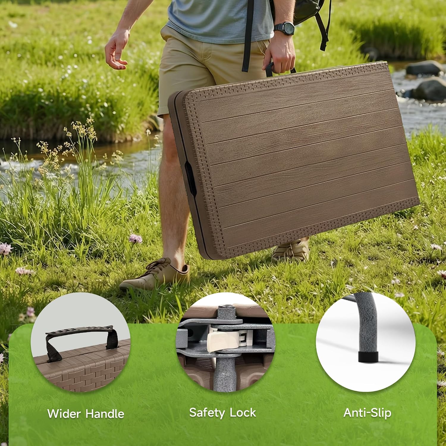 Folding Table 6 Foot, Heavy Duty 600LBS Capacity, HDPE Wood Grain Pattern, Sturdy Design with Safety Lock, Portable Tables Folding for Camping, Party, Indoor & Outdoor Use, 2 Pack