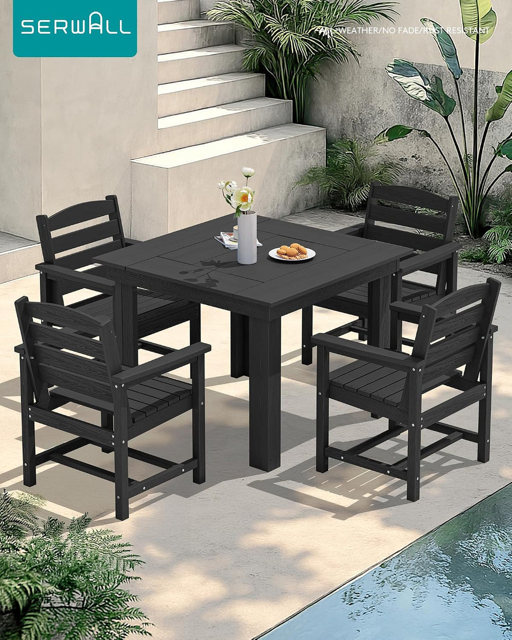 SERWALL Outdoor Dining Set for 4, HDPE Square Table and Chairs Set All Weather Patio Dining Set with 4 Classic Dining Chairs, 5-Piece Patio Dining Furniture for Deck, Black