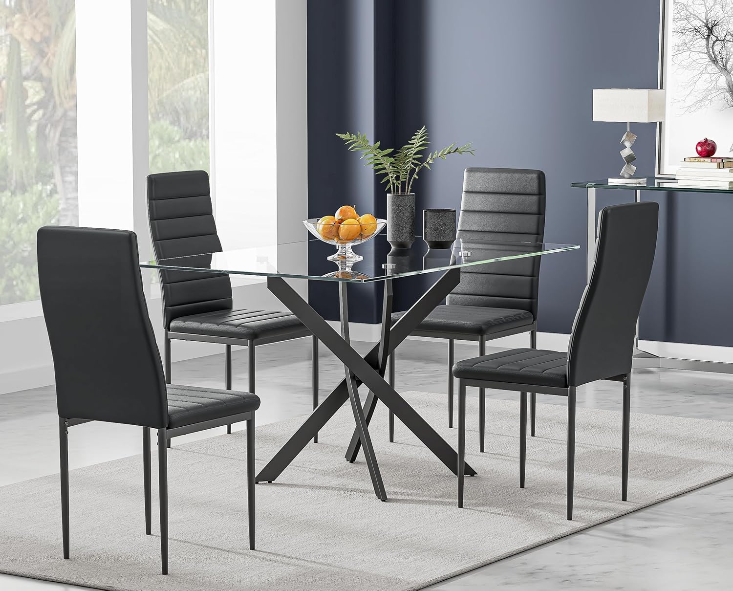 Tempered Glass Dining Table with Black Metal Legs, 47in Modern Rectangular Kitchen Table for Kitchen Dining Room Home Office, Black