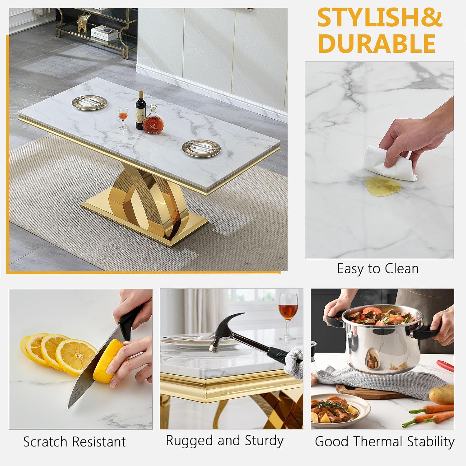68' Luxury Rectangular Marble Dining Table for 4 to 6, White Faux Marble Kitchen Table with Gold X Shape Stainless Steel Pedestal, Modern Kitchen Dining Room Table for Breakfast Dinette Dinner Party