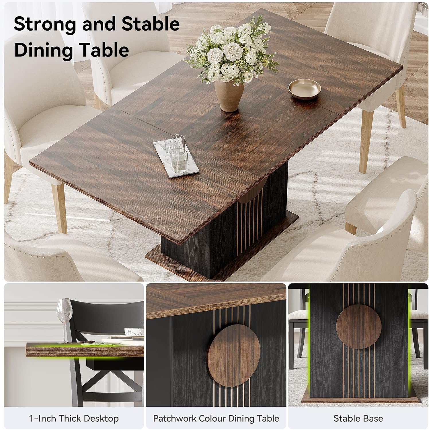 LITTLE TREE Rectangle Dining Table, Modern Kitchen Table Set for 6, Wooden Furniture with Heavy Duty Base, Modern Furniture for Home, Dining Room, Brown & Black