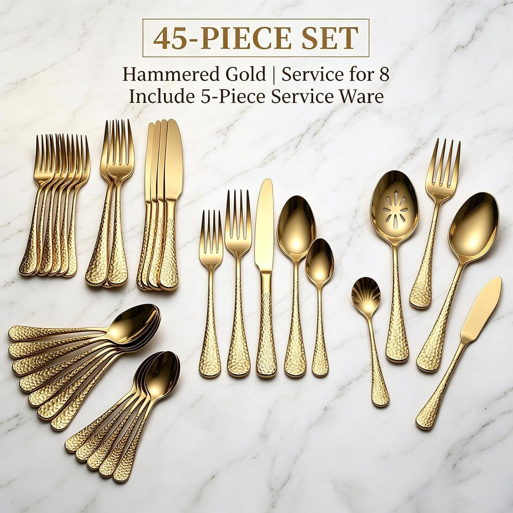 45-Piece Hammered Gold Flatware Set for 8,Premium 18/10 Stainless Steel Silverware Set with 5-Piece Serving Set,Modern Elegant Cutlery Set for Kitchen,Wedding,or Hosting,Dishwasher Safe