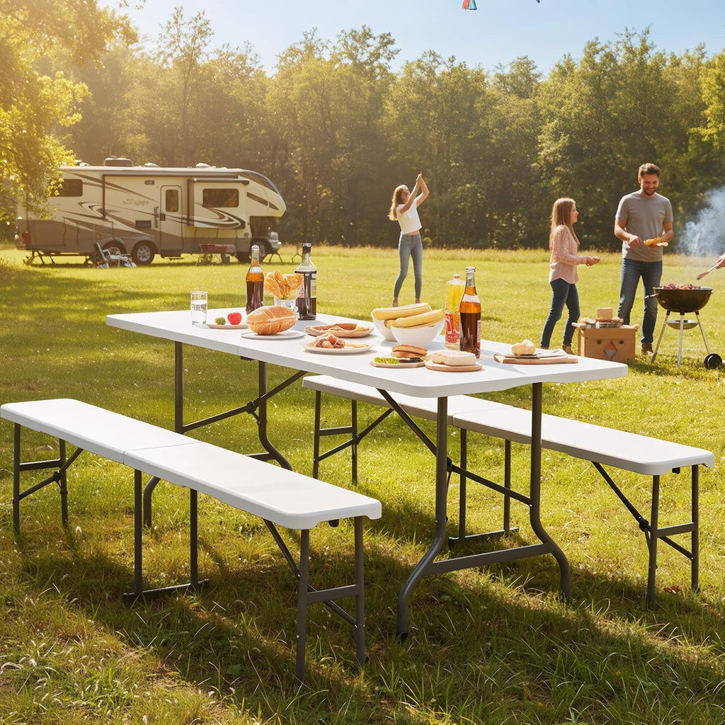 Bonnlo White Folding Picnic Table Set with 2 Benches, 6 Feet Camping Table Chair Set, Modern Portable 3-Piece Furniture for Indoor/Outdoor Use, White Folding Picnic Table with Smooth Tabletop