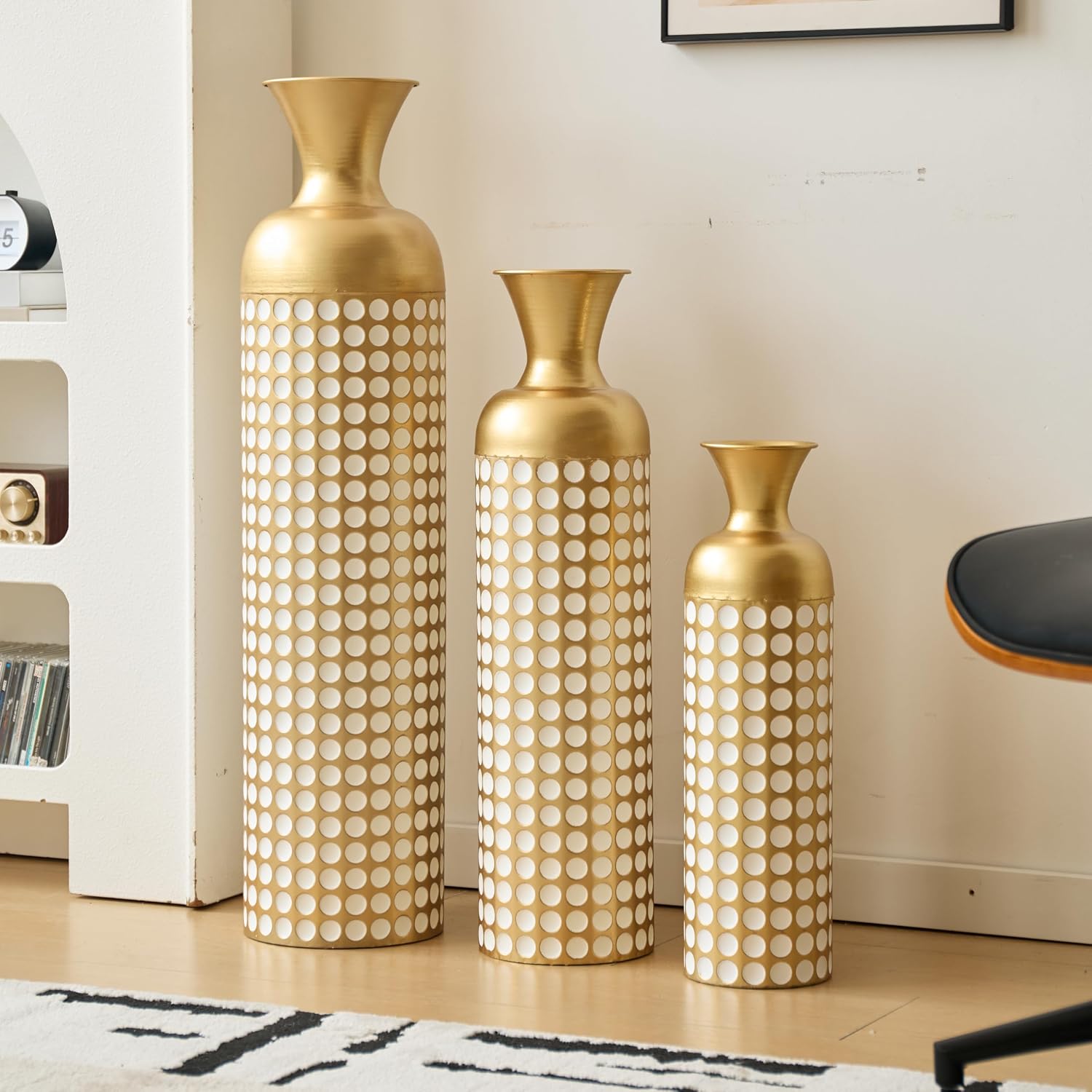 Set of 3 Metal Decorative Floor Vases – Tall Gold Modern Vase for Home Decor, Large Floor Vases for Living Room, Entryway & Office, Elegant Cylinder Vase for Wedding, Dried Flowers (Brass+White)