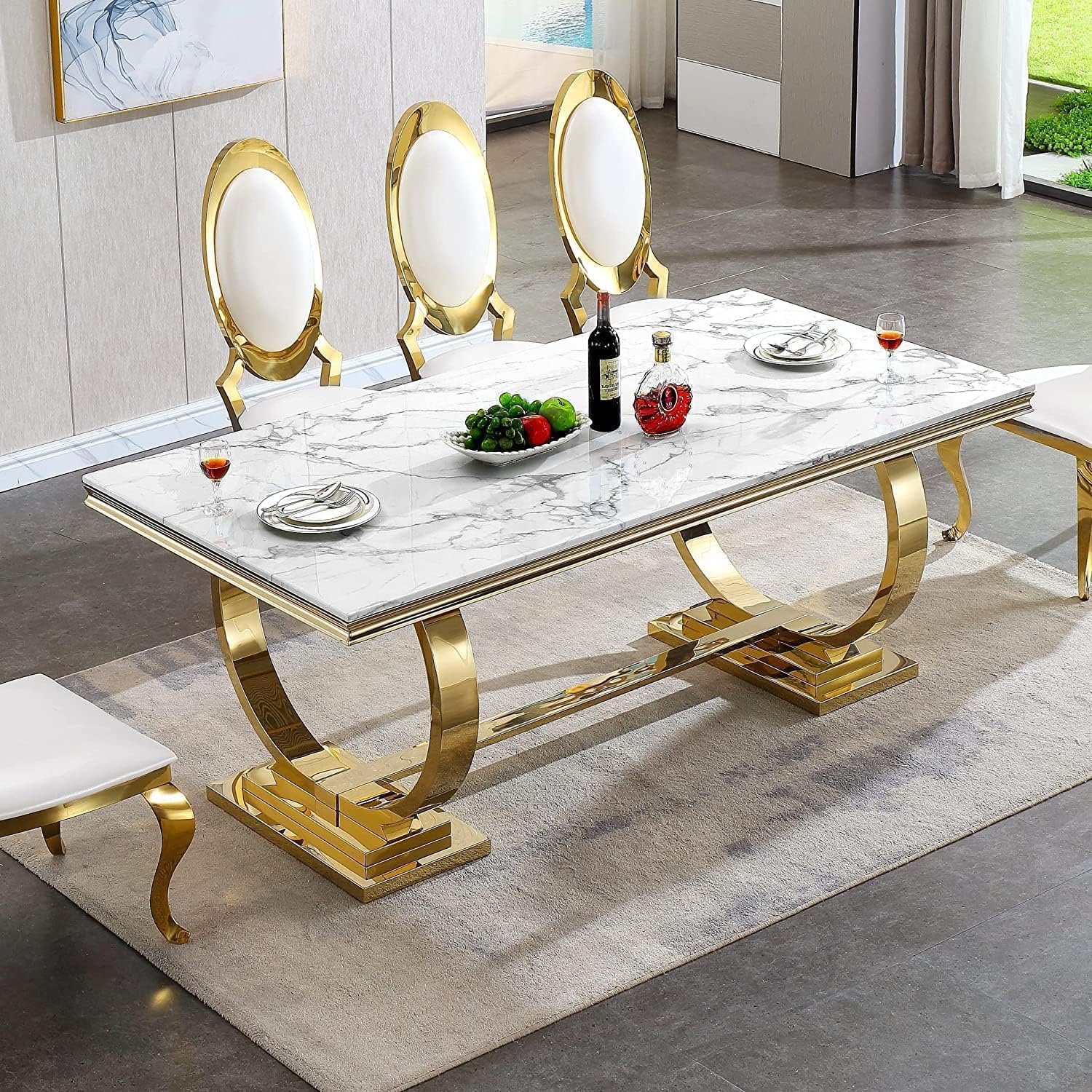 68' White Marble Dining Table for 6-8, Mid Century Modern Dining Table with Faux Marble Top & Gold O Shape Stainless Steel Base, Large Luxury Rectangular Dinner Table for Kitchen Dining Room