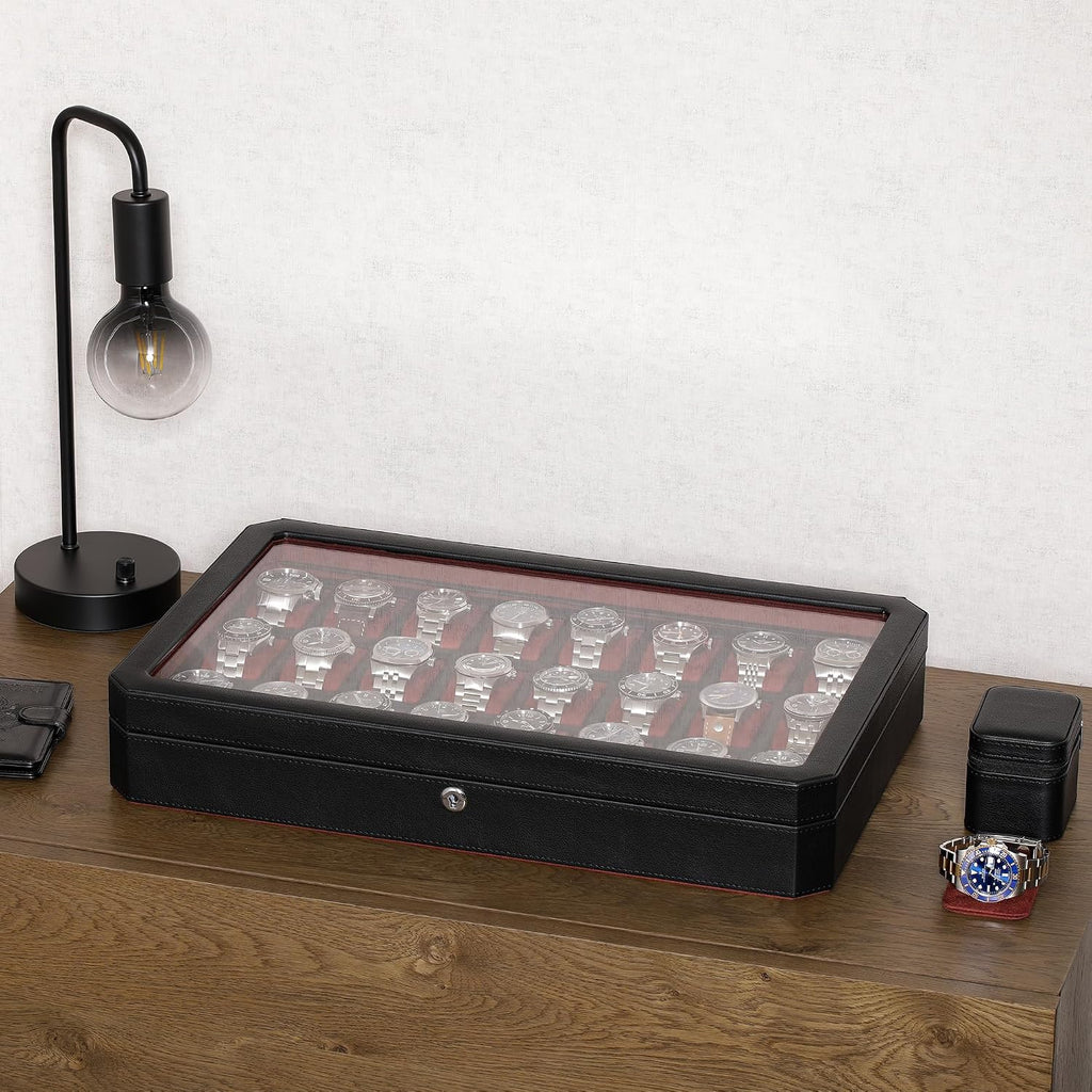 ROTHWELL 24 Slot Watch Case with Lock – Luxury Watch Box to Display and Organize Your Collection | Real Glass Top | Premium Storage for Collectors (Black/Red)