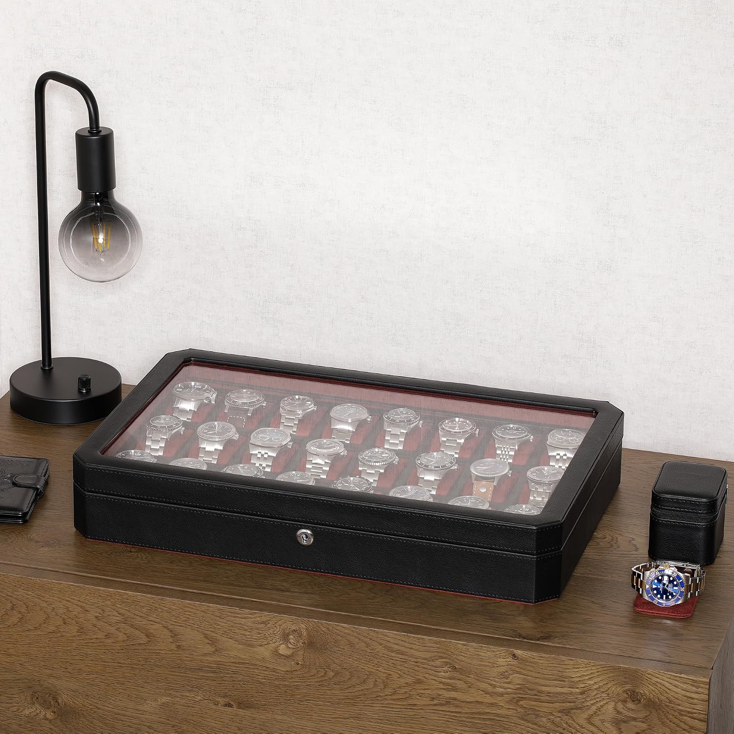 ROTHWELL 24 Slot Watch Case with Lock – Luxury Watch Box to Display and Organize Your Collection | Real Glass Top | Premium Storage for Collectors (Black/Red)