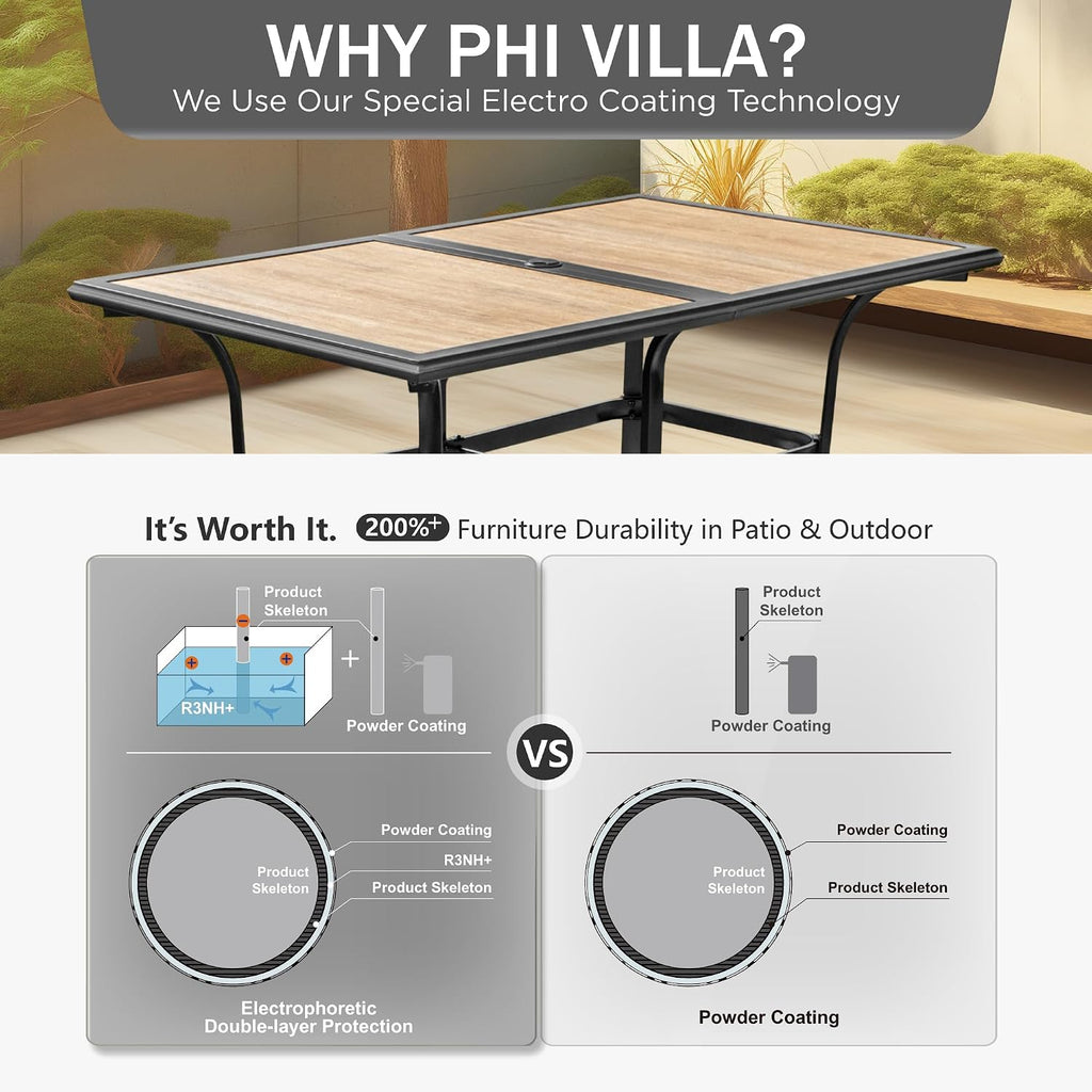 PHI VILLA Outdoor Dining Table for 6, 60' Metal Rectangle Metal Steel Table with Polywood Tabletop, Modern Long Furniture for Patio, Deck, Porch, Yard