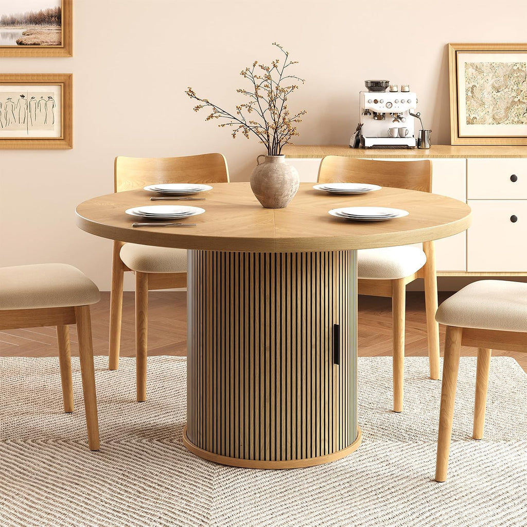 47 inch Round Dining Table for 4, Farmhouse Kitchen Table with 2-Layer Storage Shelf and Wood Slide Door Modern Dinner Table or Home Dining Room Living Room (Natural)