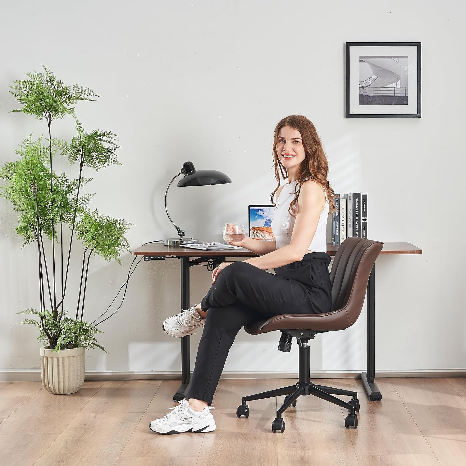 YOUNIKE Ergonomic Home Office Desk Chair with Wheels Comfy Armless Criss Cross Chair with Adjustable Back Modern Leather Upholstered Swivel Vanity Chair Small Cute Rolling Task Chair for Women Brown