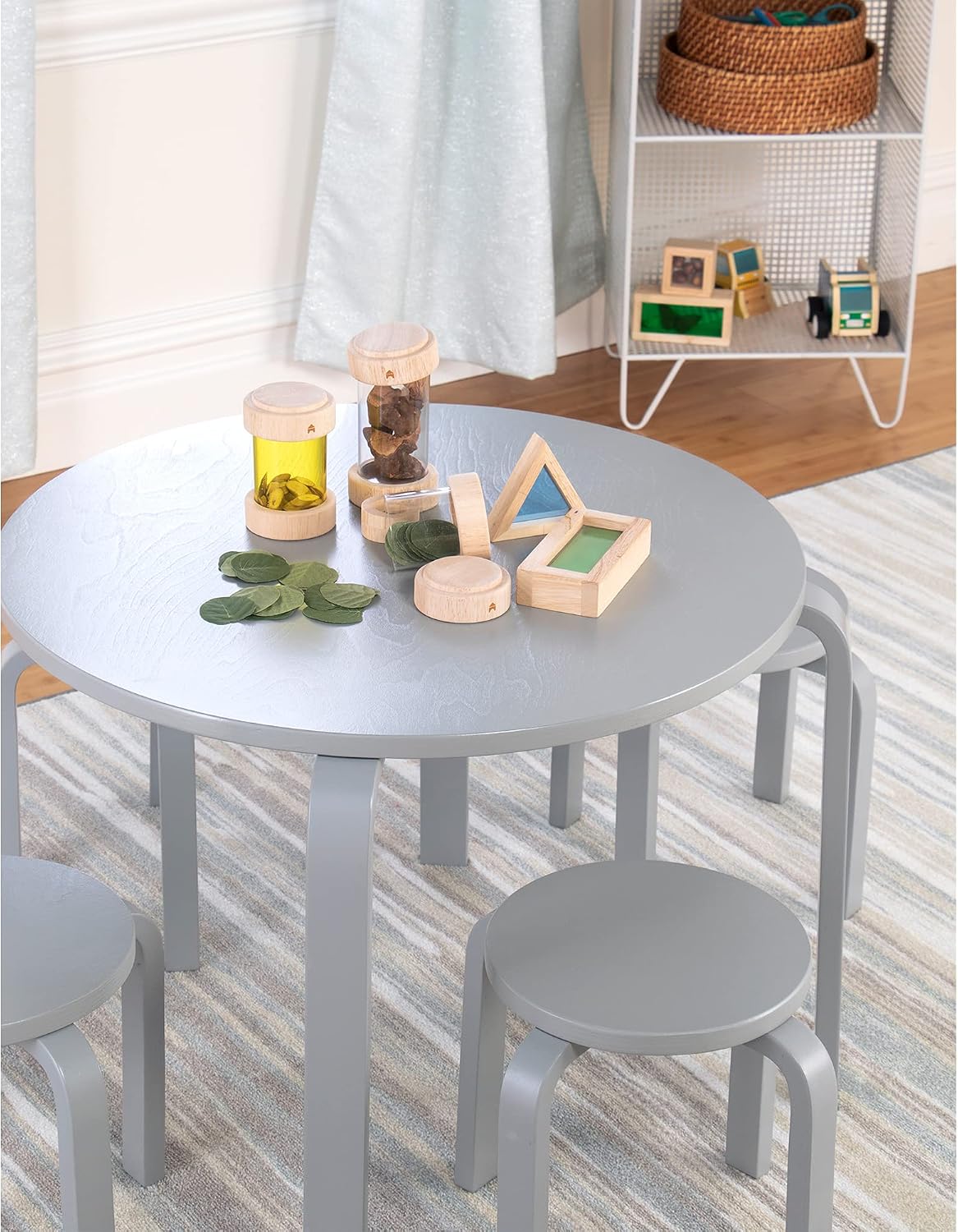 Guidecraft Nordic Table and Stools Set for Toddlers: Gray - Stacking Bentwood Stools with Curved Wood Activity Play Table - Toddler's Modern Kitchen, Playroom and Classroom Furniture