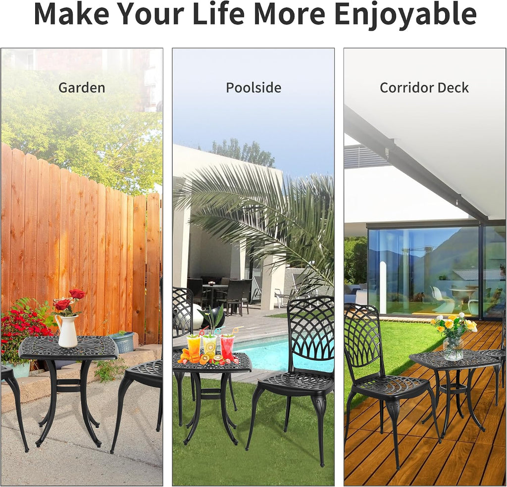 HOMEFUN Thickened Heavy-Duty Cast Aluminum Bistro Set of 2 Outdoor 3 Piece Patio Furniture, Ultra Sturdy Rustproof All-Weather for Garden Balcony, Black
