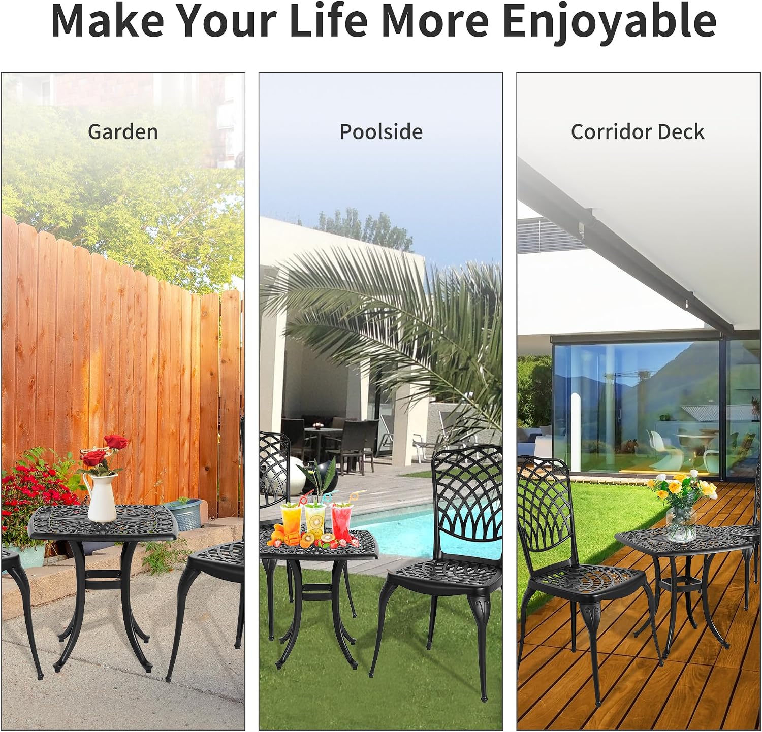HOMEFUN Thickened Heavy-Duty Cast Aluminum Bistro Set of 2 Outdoor 3 Piece Patio Furniture, Ultra Sturdy Rustproof All-Weather for Garden Balcony, Black