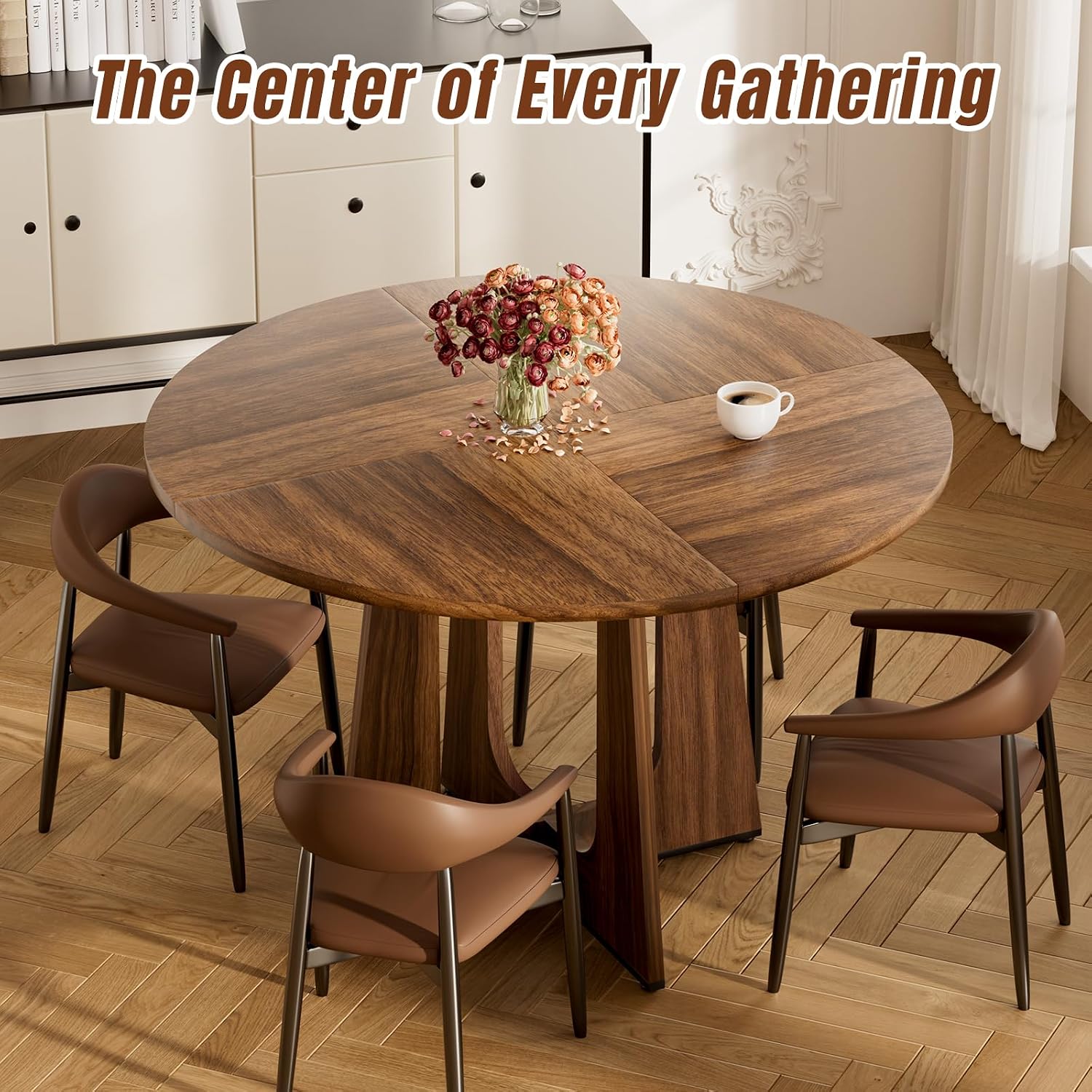 47' Round Dining Table for 4-6, Farmhouse Wood Kitchen Table, Mid-Century Wooden Circle Dinner Room Table Easy Assembly for Dining Room, Kitchen, Living Room (Brown)