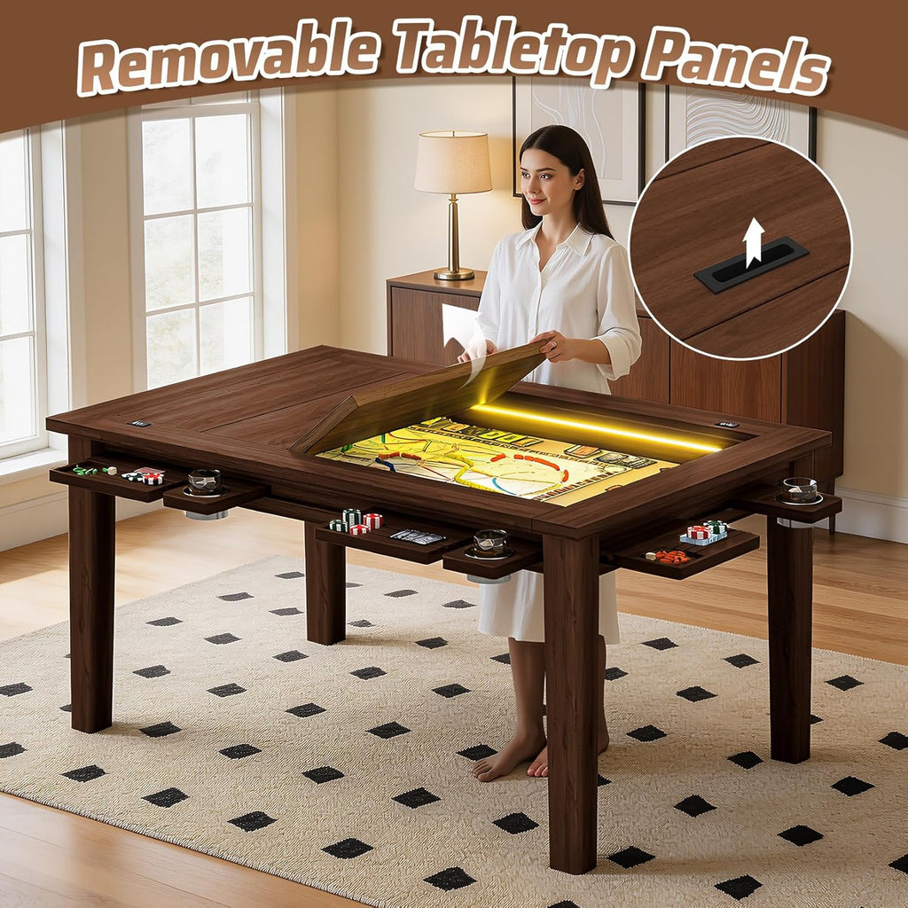 Haddockway Board Game Table with Adjustable Led Lights, 53.7in x 30.7in Play Area Removable Table Top Dining/Gaming Table with Charge Station, Play Mat, 6 Cup Holders & Trays (Black Walnut)