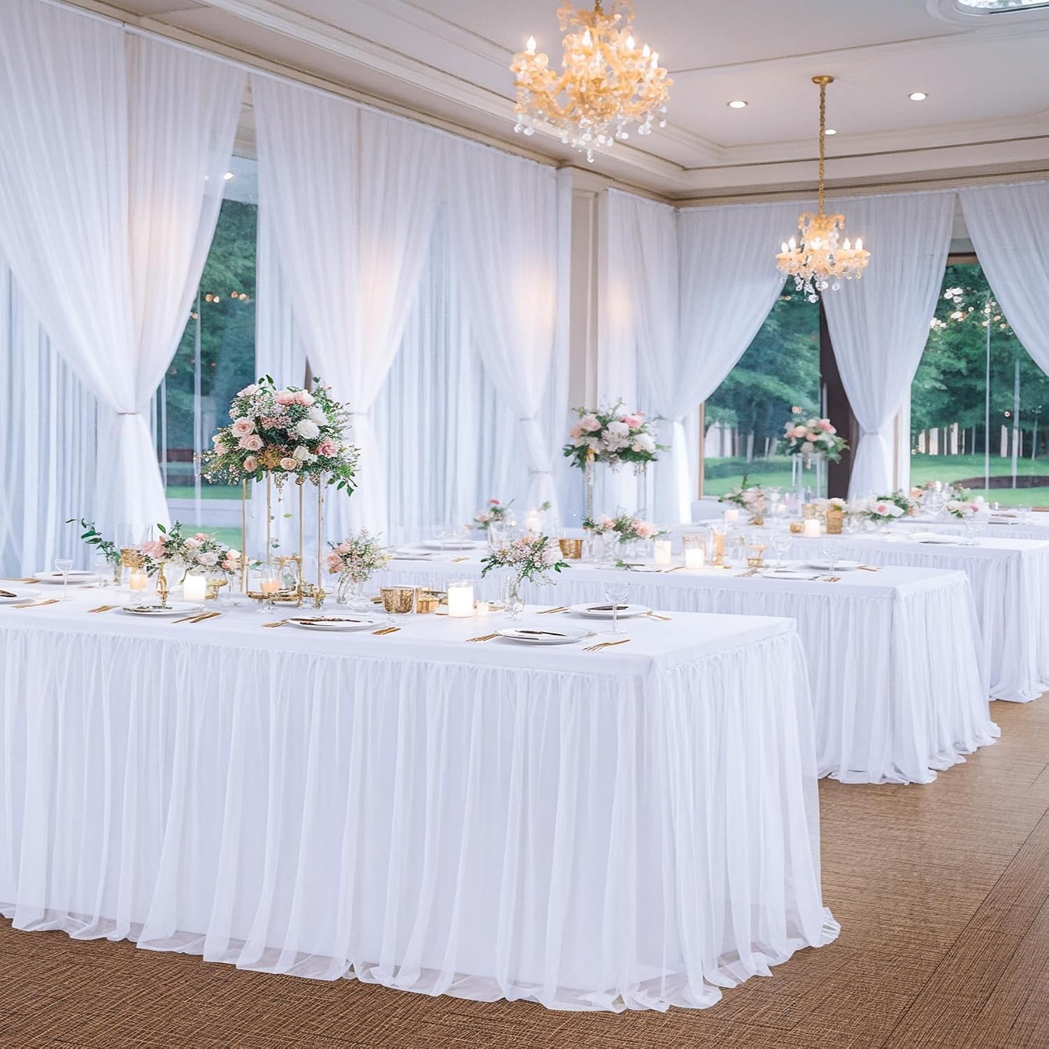 White Table Cloths 8 Foot Rectangle Stretch Ruffle Tulle Tablecloth Spandex Fitted Table Cover for 8 Foot Tables White Tulle Table Skirts Rectangle Tables 8ft Elastic Party Wedding Table Cloths 4Pack