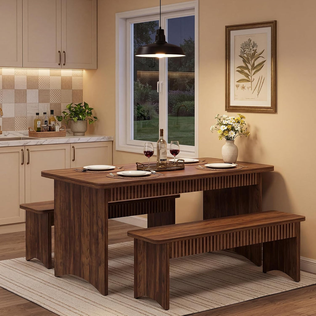 LITTLE TREE 55' Dining Table with 2 Benches, Dining Table Set for 4-6 People, Farmhouse Kitchen Table with Bench, Dining Room Table Set