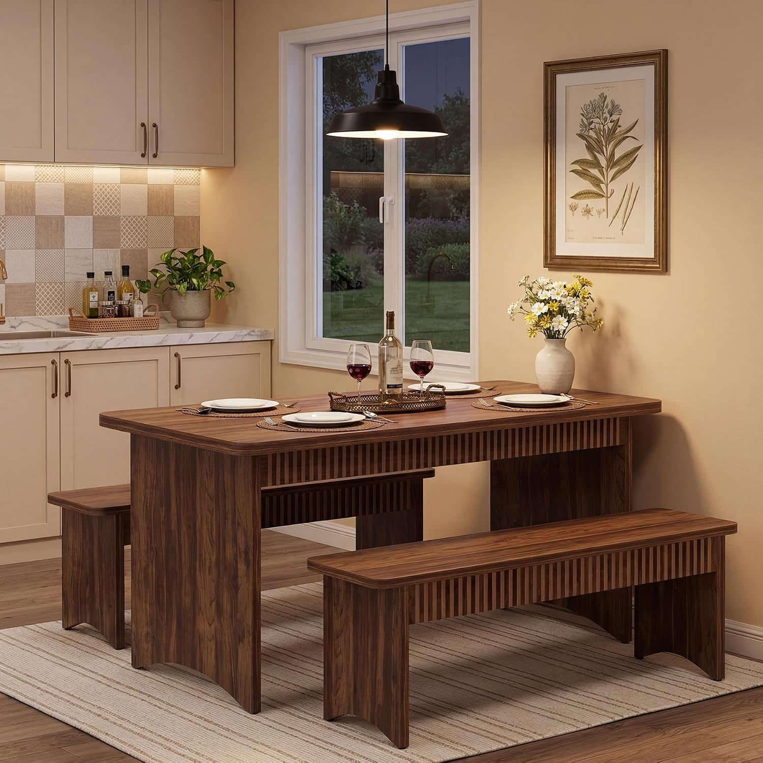 LITTLE TREE 55' Dining Table with 2 Benches, Dining Table Set for 4-6 People, Farmhouse Kitchen Table with Bench, Dining Room Table Set