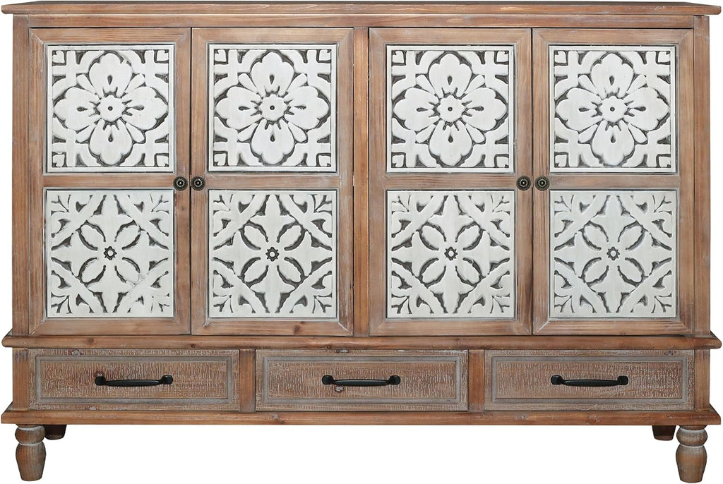 LKTART 59' Vintage Sideboard Buffet Cabinet with Storage,French Country Sideboard with Carved Doors,Farmhouse Credenza Accent Cabinet, Natural Wood