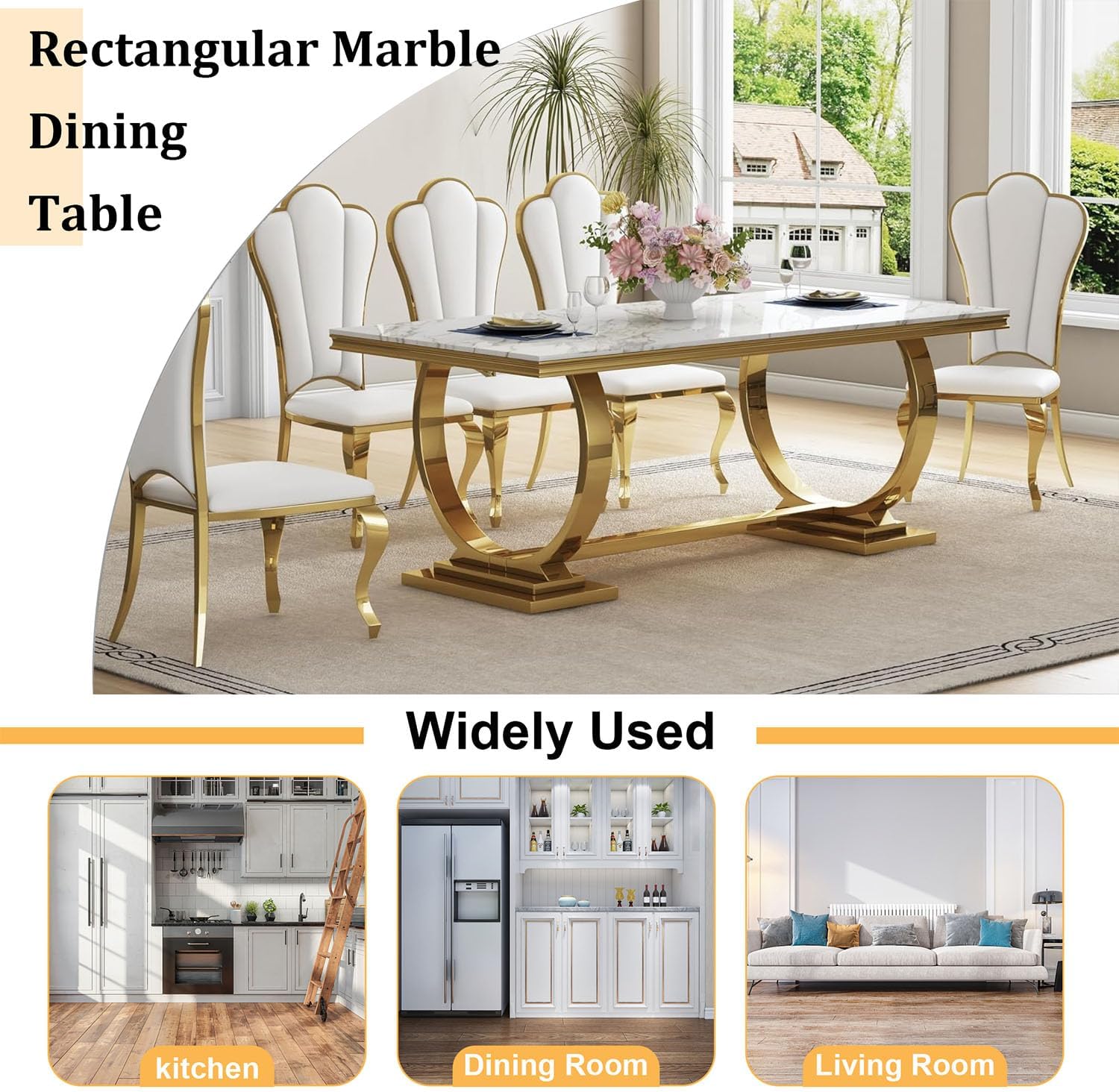 68' White Marble Dining Table for 6-8, Mid Century Modern Dining Table with Faux Marble Top & Gold O Shape Stainless Steel Base, Large Luxury Rectangular Dinner Table for Kitchen Dining Room