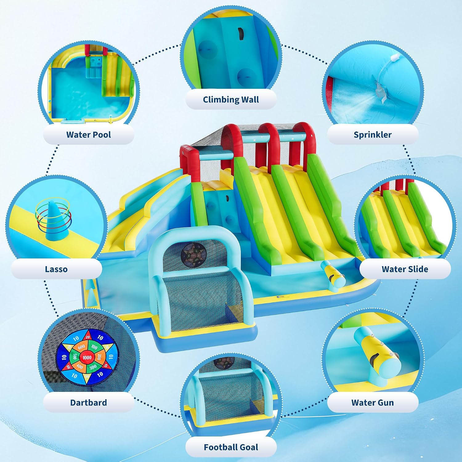 Garvee Inflatable Bounce House, 3 Water Slide Bounce House, Premium Oxford Fabric Bouncy Castle with Blower for Kids, Indoor Outdoor Play Center for Backyard Party & Family Fun