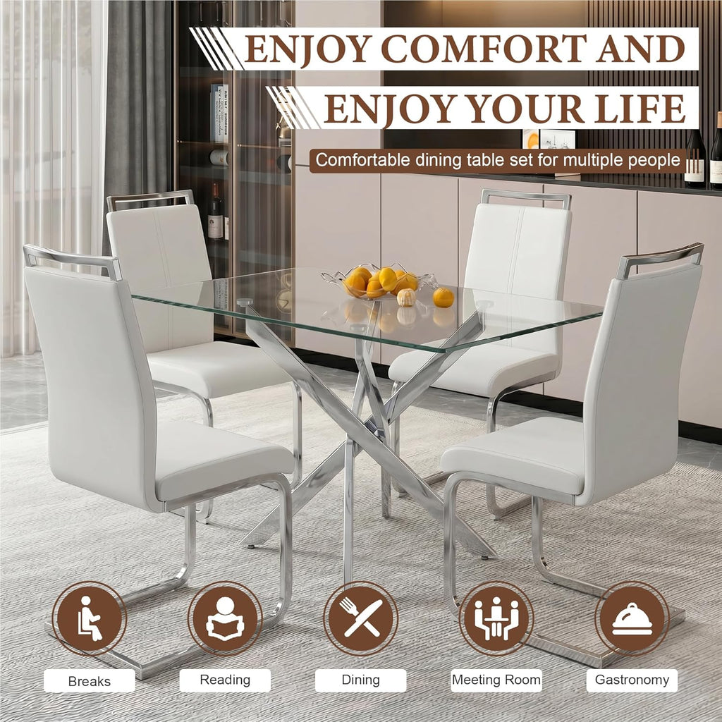 5 Piece Glass Dining Table Set for 4, Modern Tempered Glass Top Kitchen Table and Chairs Set, 4 Upholstered Chairs and Faux Leather Cushions, Space-Saving Small Apartment Dining Set