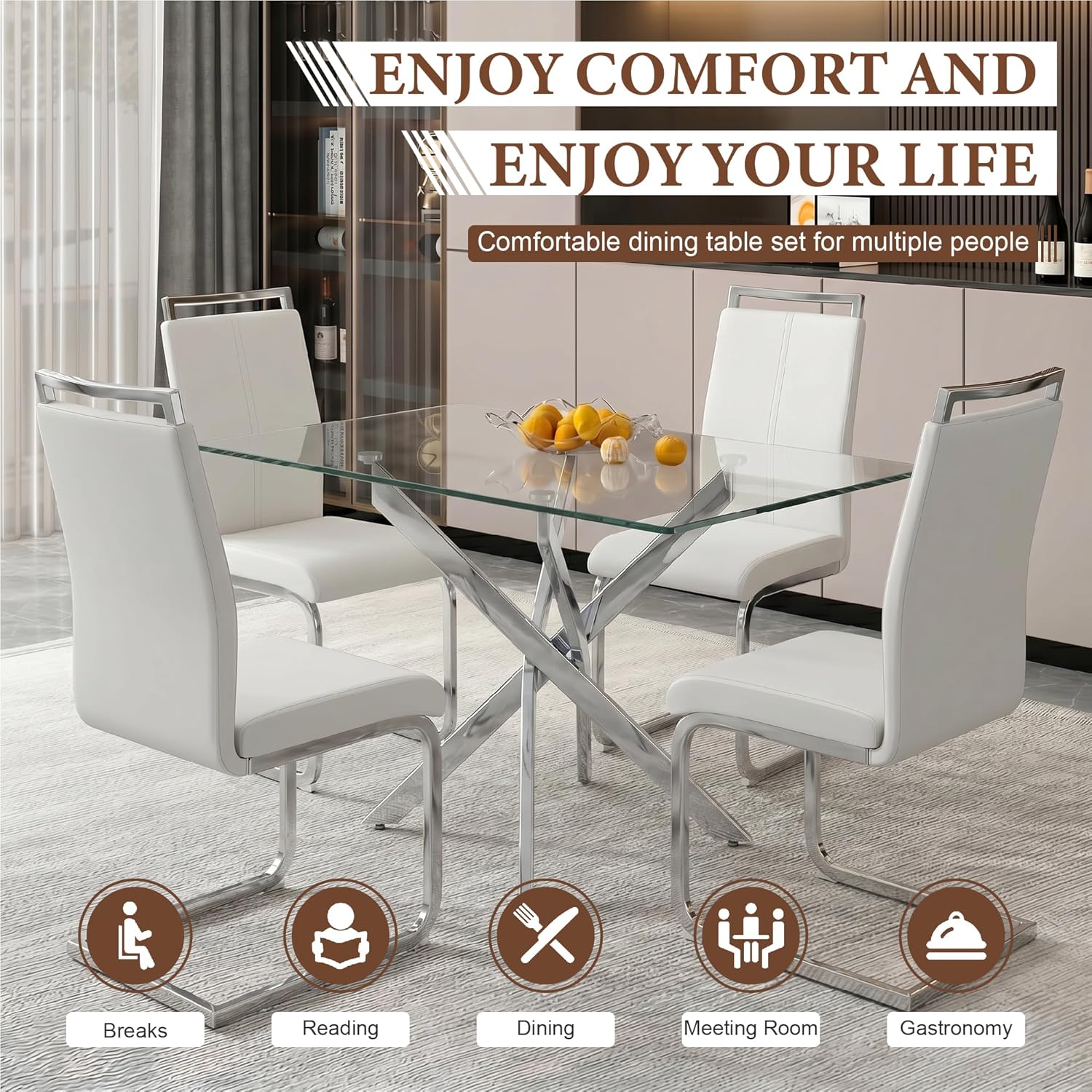 5 Piece Glass Dining Table Set for 4, Modern Tempered Glass Top Kitchen Table and Chairs Set, 4 Upholstered Chairs and Faux Leather Cushions, Space-Saving Small Apartment Dining Set
